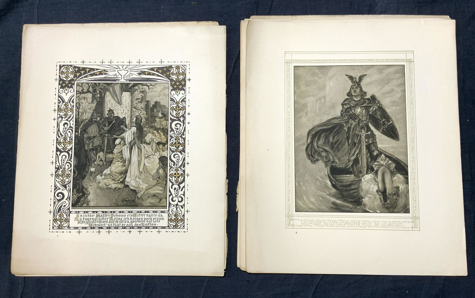 LOHENGRIN Antique Portfolio Chromolithographs,GER: LOHENGRIN Romantische Oper by Richard Wagner illustrated by Hugo L. Braune, published in Leipzig GERMANY. Antique Portfolio chromolithographs, possibly hand colored, with art nouveau cover pages both