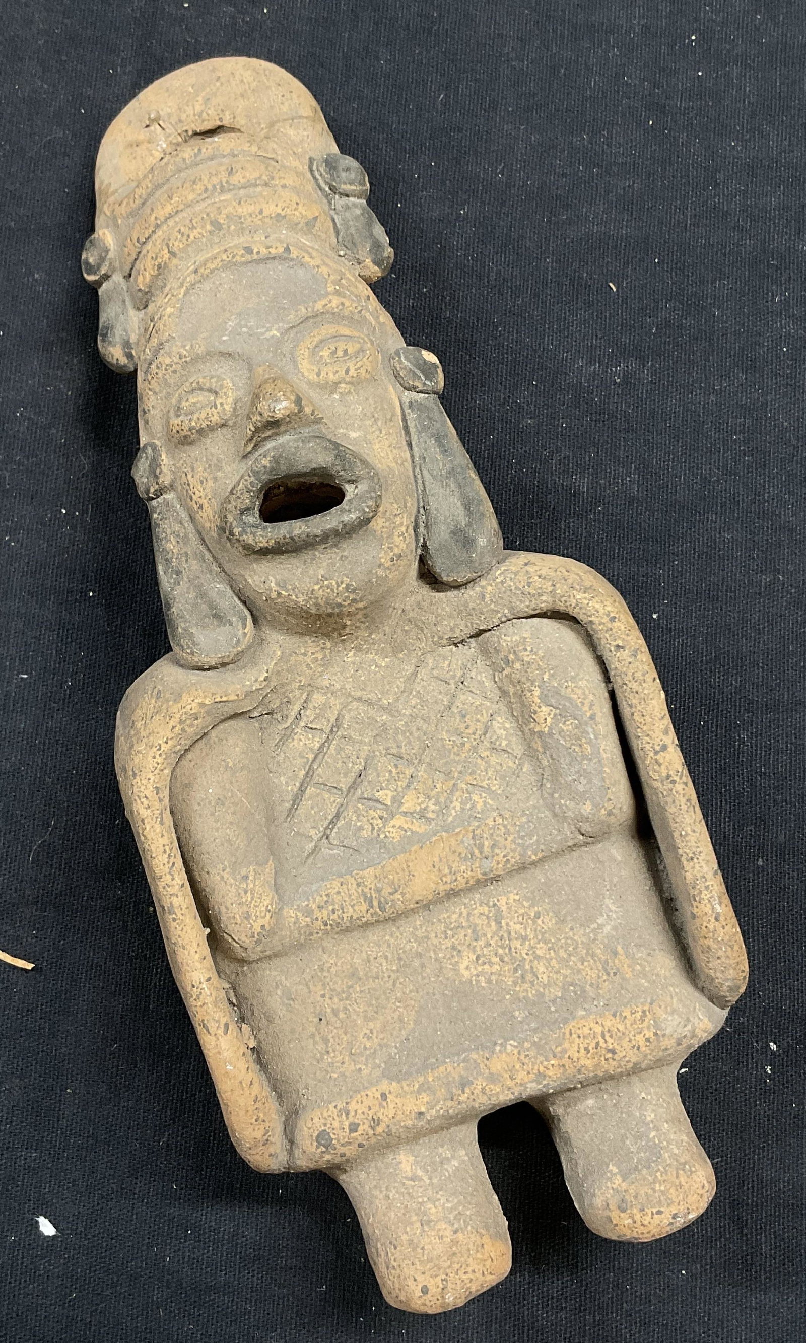 Clay Totem Figural: Clay Totem Figural. Measures approx 2 x 7 inches. Prior repair to piece. Wear to piece consistent with age. Totem, clay totem, figural, clay figural, handmade clay figural, 11S