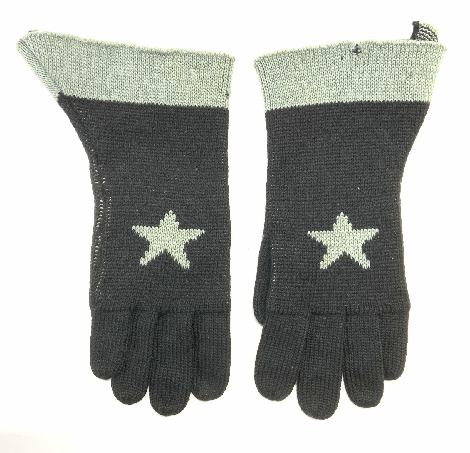 Vintage DOROTHEE BIS Black Wool Star Gloves: Vintage DOROTHEE BIS wool gloves with star motif. Designer label to interior. Measure approx. 3.5 inches wide and10 inches long. Wear appropriate to age and use includes some punctures. Property of Ma