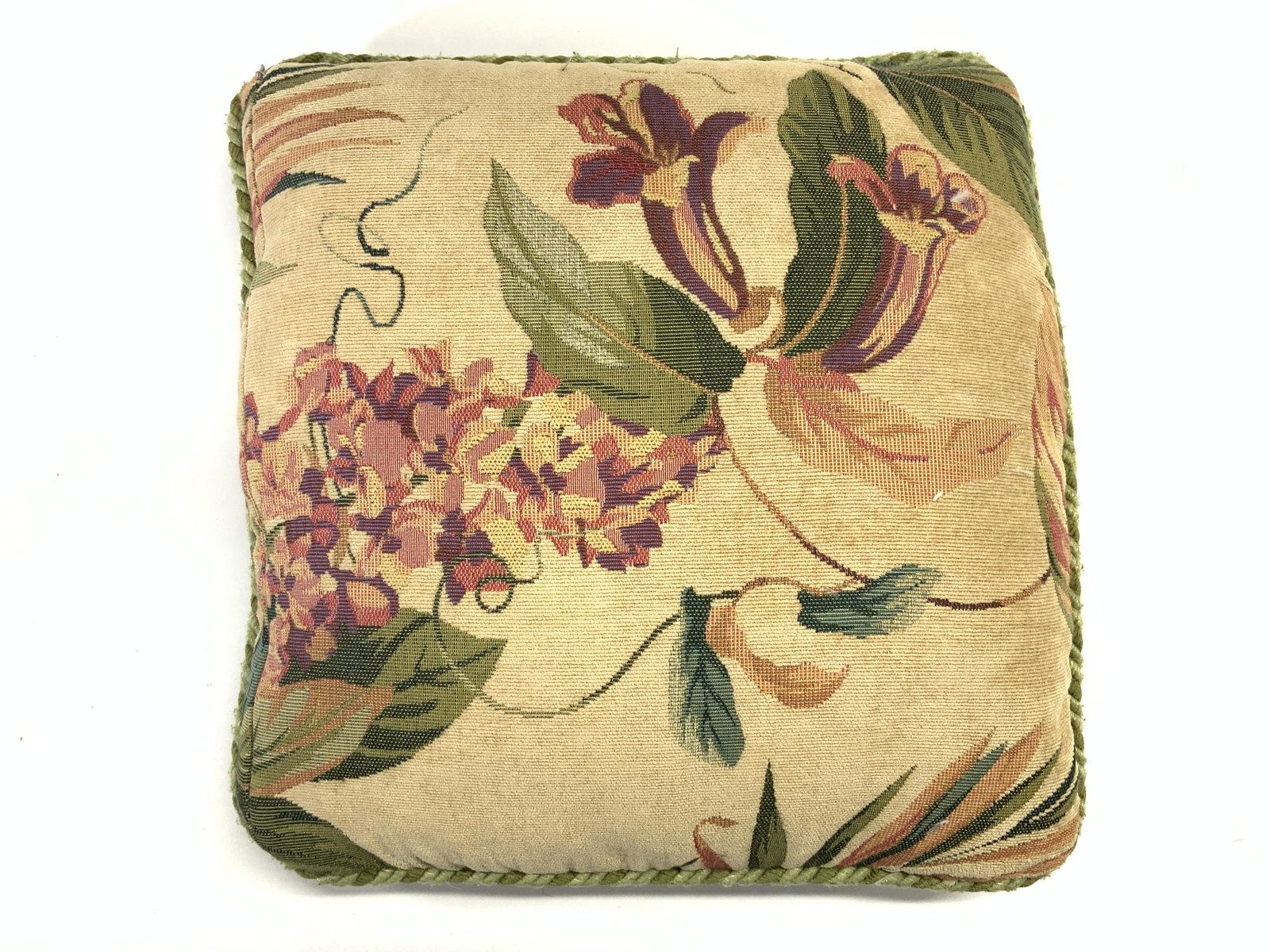 Vintage Braided Edge Floral Pillow: Pillow is vintage. Piece has intricate multi toned floral & leaf detail. Edges of pillow are braided. Pillow measures approx 16 inches square. Pillows, floral pillow, braided edge pillow, homewares, v