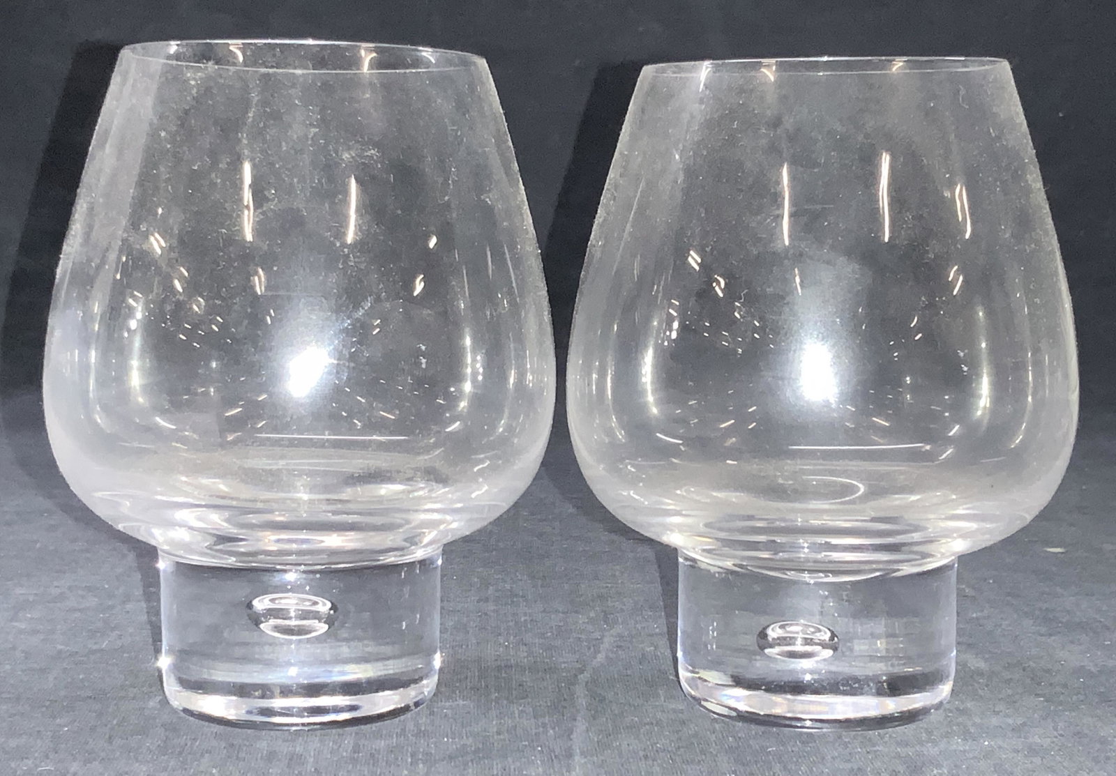 Pair Vintage Clear Crystal Glasses: Pair of crystal glasses with solid glass glasses. Approximately 4.5 inches tall. Snifter, Vintage glass wares, crystal glasses wares, drink glasses, wine glasses, vintage wine glasses, tabletop access