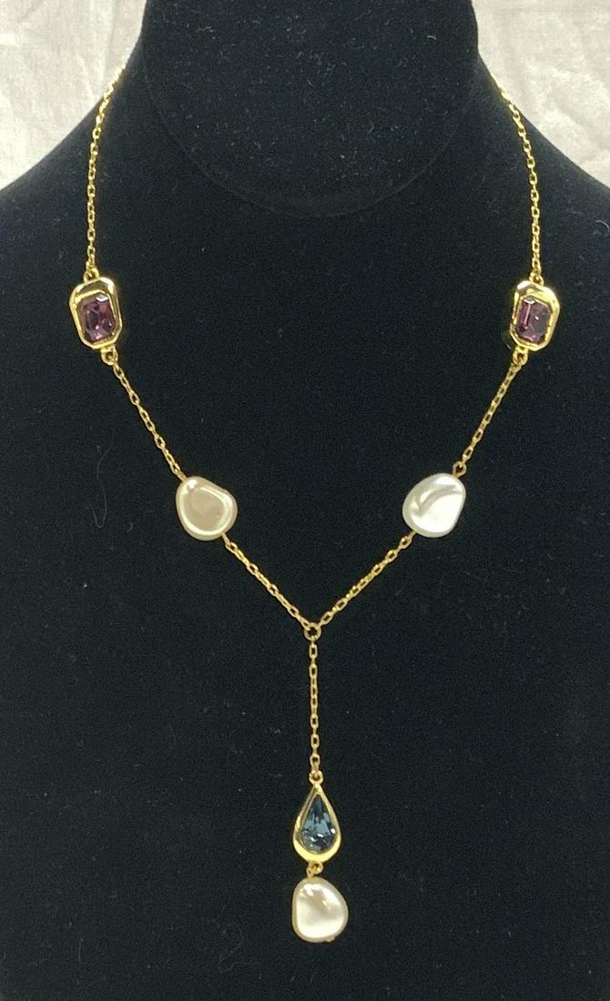 KENNETH LANE Crystal Pendant Necklace, Jewelry NWT: KENNETH LANE gold tone cable chain pendant necklace with amethyst and turquoise color bezel set faceted crystals and polished tear drop shaped white stones. Secured with S hook closure, charm with des