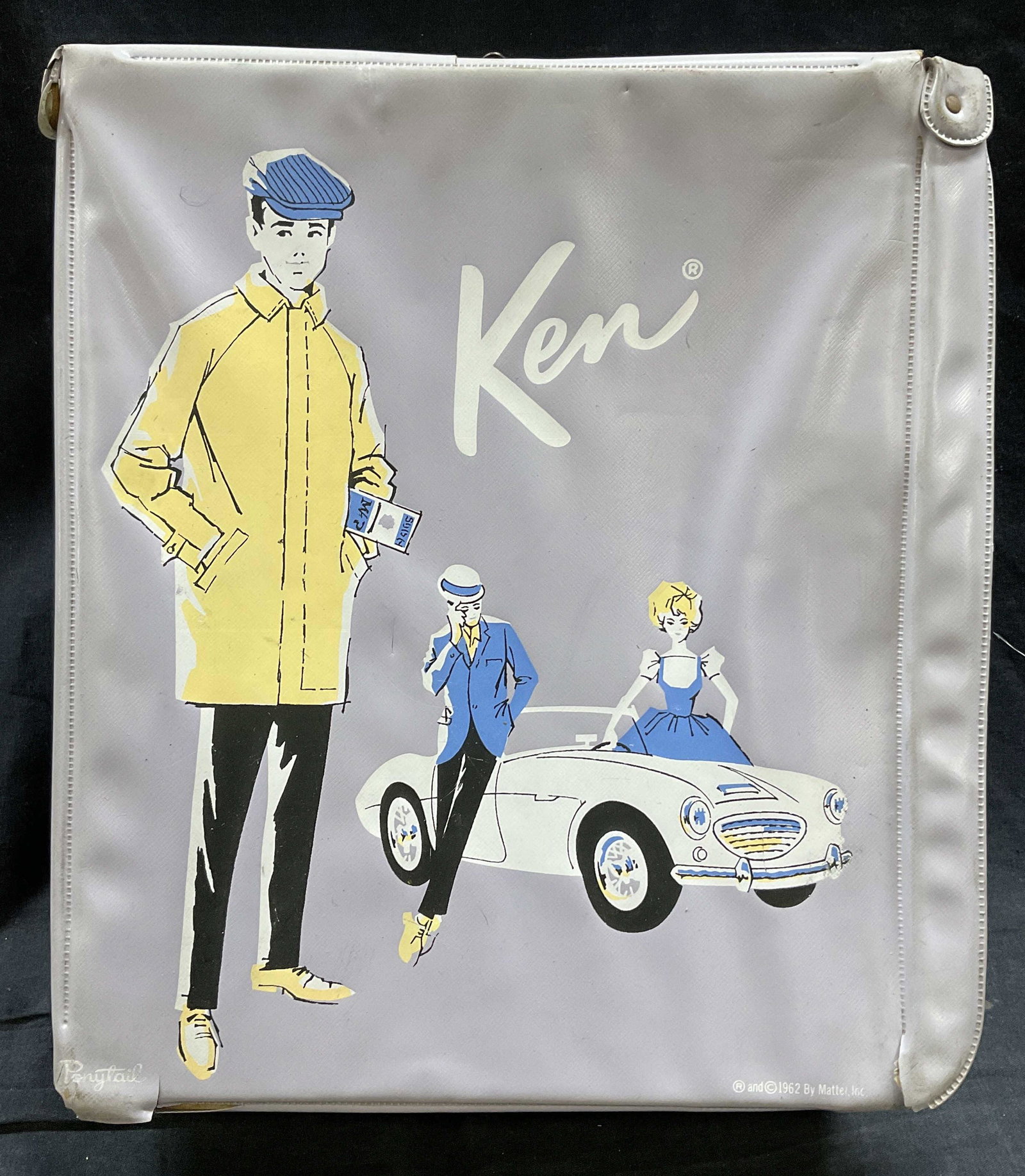 Vintage Ken Box, copyright 1962: Vintage Ken Box, copyright 1962. Measures approx 10.5 x 13 x 3.5 inches. Wear to piece present. Rust to closure. Rips to luggage. Ken box, Vintage Barbie luggage, vintage Ken luggage, barbie box, doll