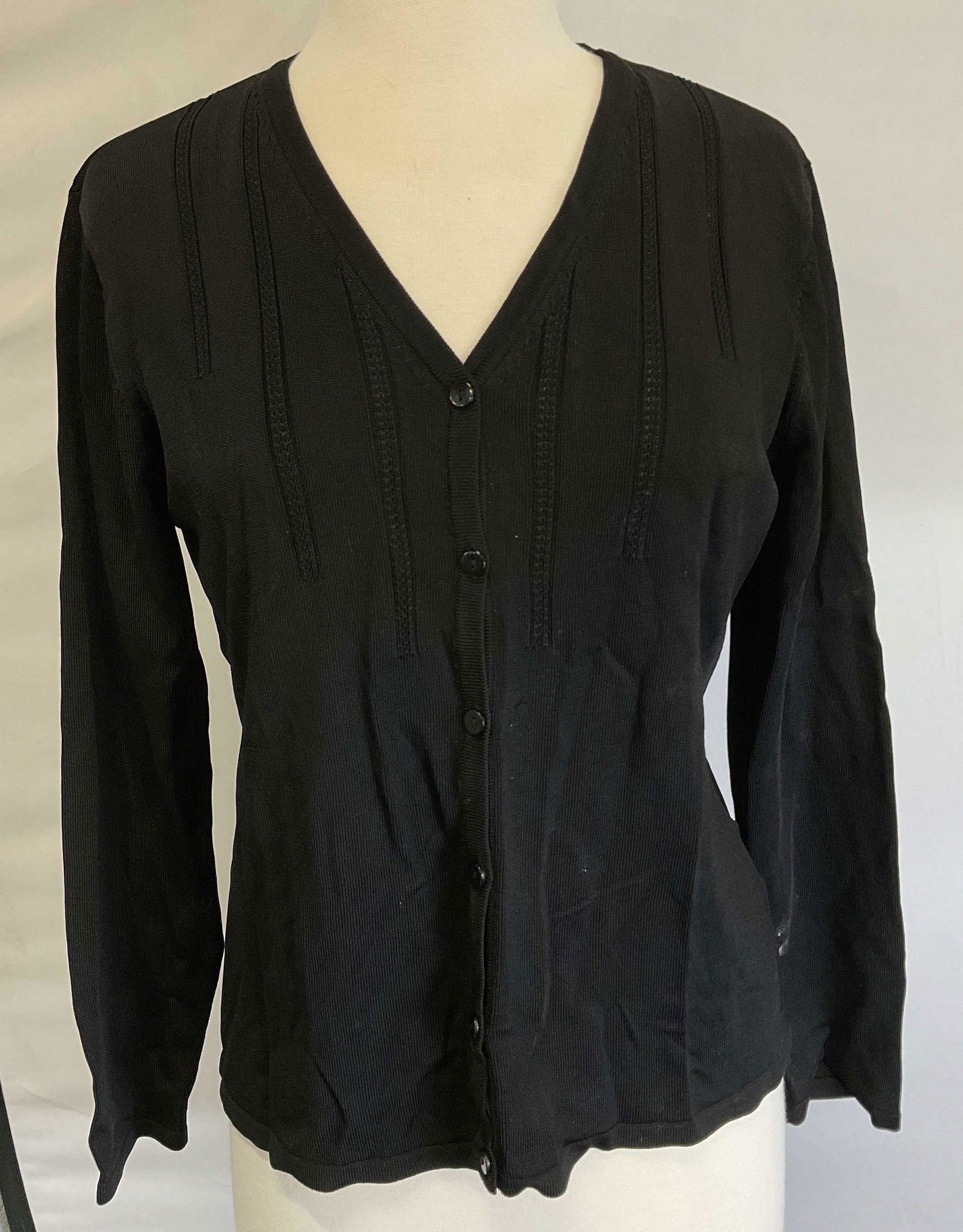 Holt Renfrew Black Button Up Cardigan: Holt Renfrew Black Button Up Cardigan. Sized Large, material label reads 88% Rayon, 10% Nylon 2% Spandex. Minimal wear to piece, minor thread pulling present and some stains. Cardigan, Holt Renfrew ca
