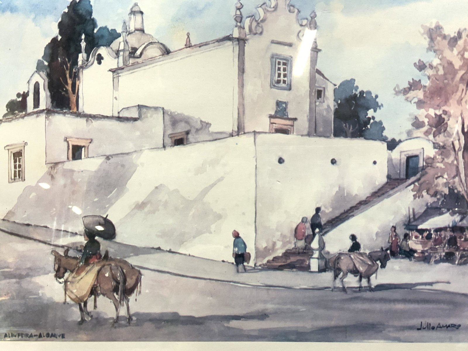 JULIO AMARO Albufeira-Algarve Lithograph: JULIO AMARO Albufeira-Algarve Lithograph, lower left inscribed Albufeira- Algarve, lower right signed Julio Amaro, subject shows church with figures walking on the street in front with donkeys, in fra