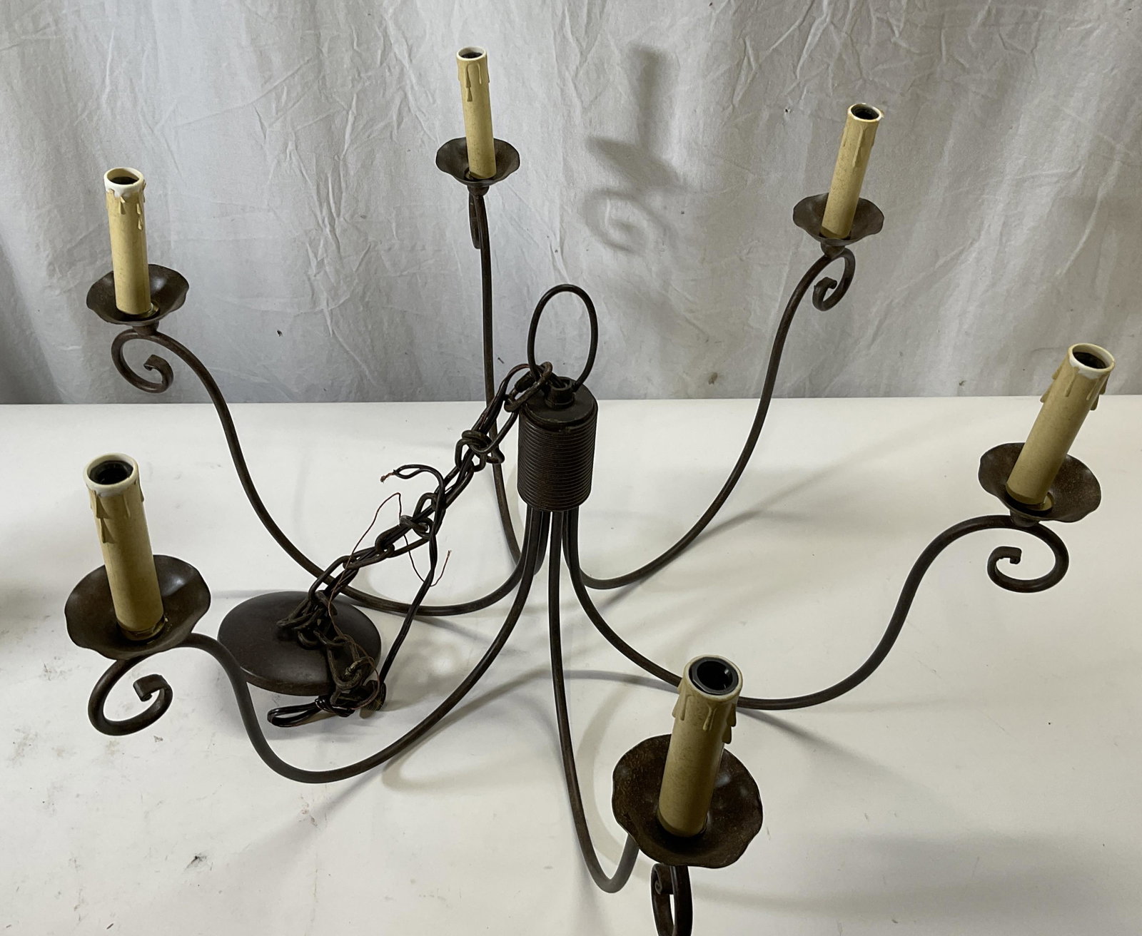 Metal 6 Armed Chandelier: Metal 6 Armed Chandelier. Not tested for functionality. Measures approx 26.5 x 14.5 inches. From top to bottom approx 24 inches. Lighting, chandelier, country home decor, country home accessories, roo