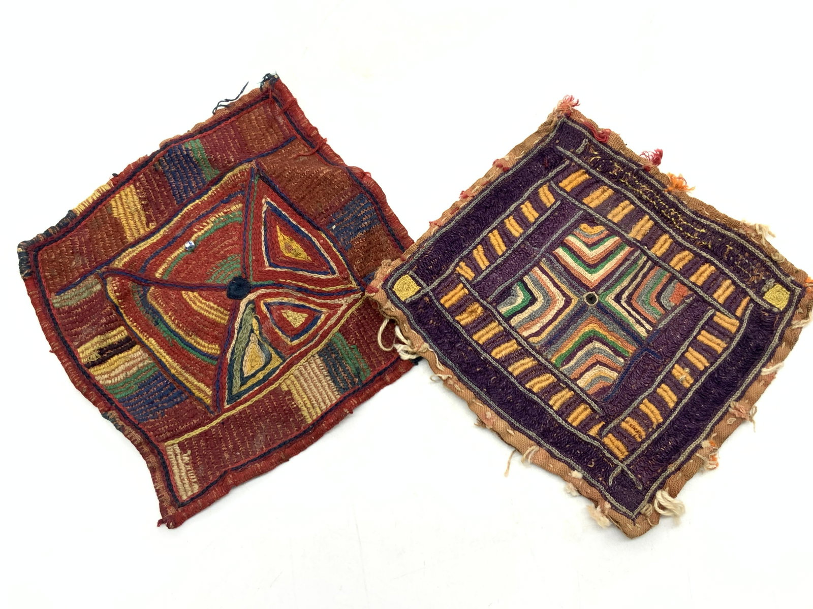 Pair Vintage Banjara Square Textiles: 2 vintage banjara Square Textiles. The Banjara are a semi-nomadic group found throughout the Indian subcontinent. They are renowned for their highly colourful textiles. Embellished with mirrors, shell