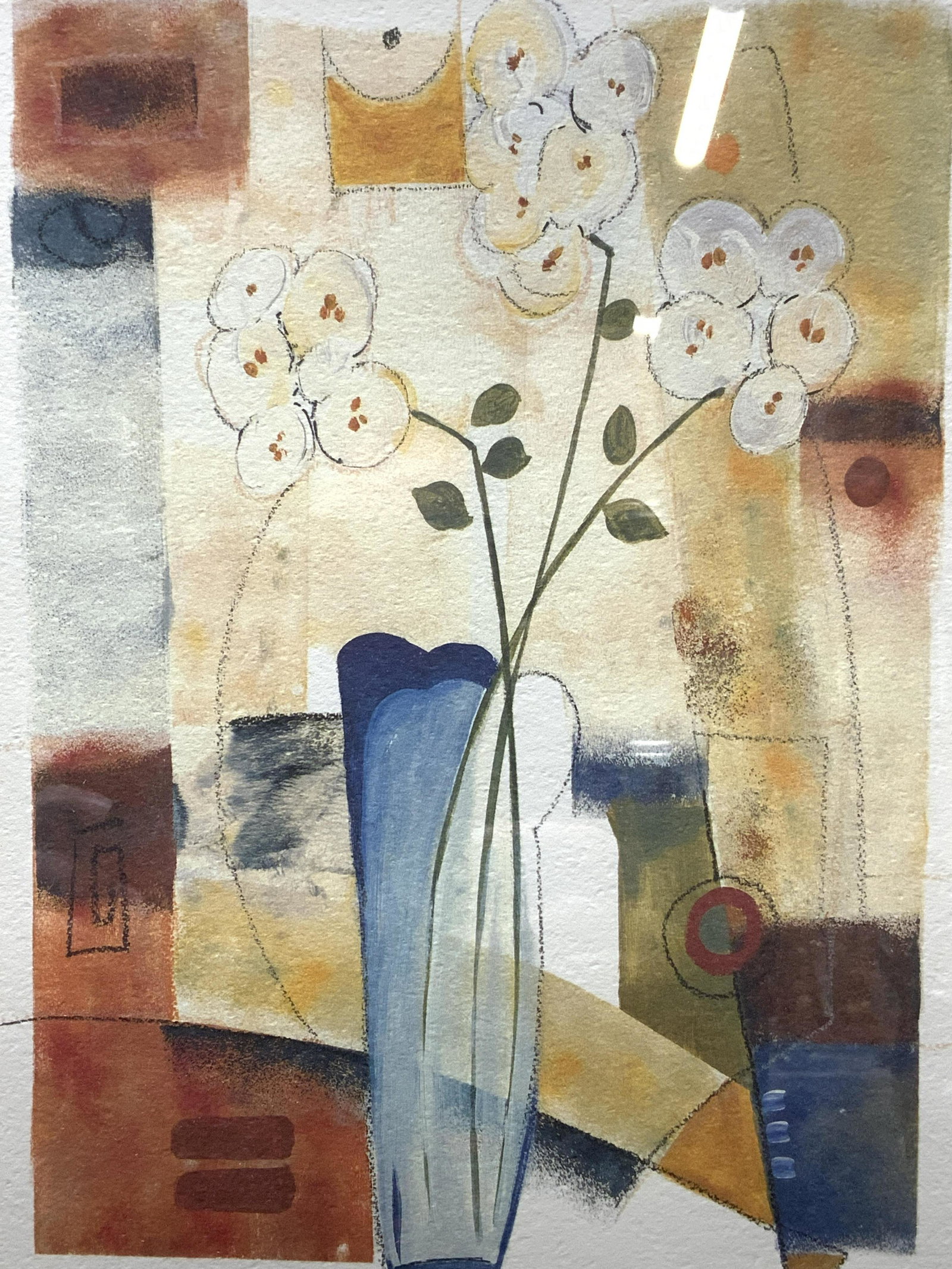 Cubist Still Life Lithograph: Cubist Still Life Lithograph, no apparent inscriptions, subject shows flowers in a vase with abstract background, in frame measures approx 20 3/4 x 17 3/4 in., orange toned wood frame, surface wear to