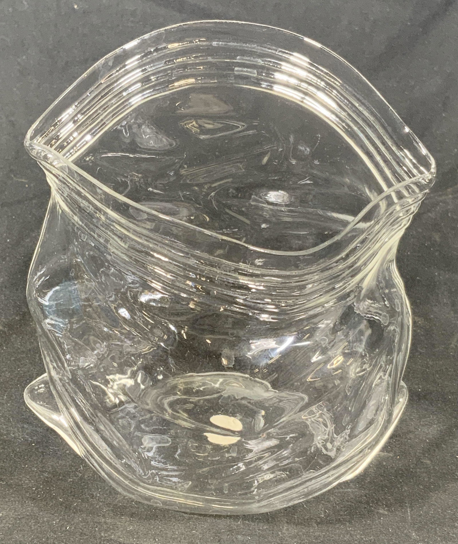FRED Art Glass Ziploc Bag Form Bowl / Vessel: Fred Art glass ziploc bag form vessel. Signed on sticker to underside. Measures approx. 5 x 4.5 5 inches. Some surface wear consistent with exposure. Fred glass, Fred art glass, art glass, art glass v