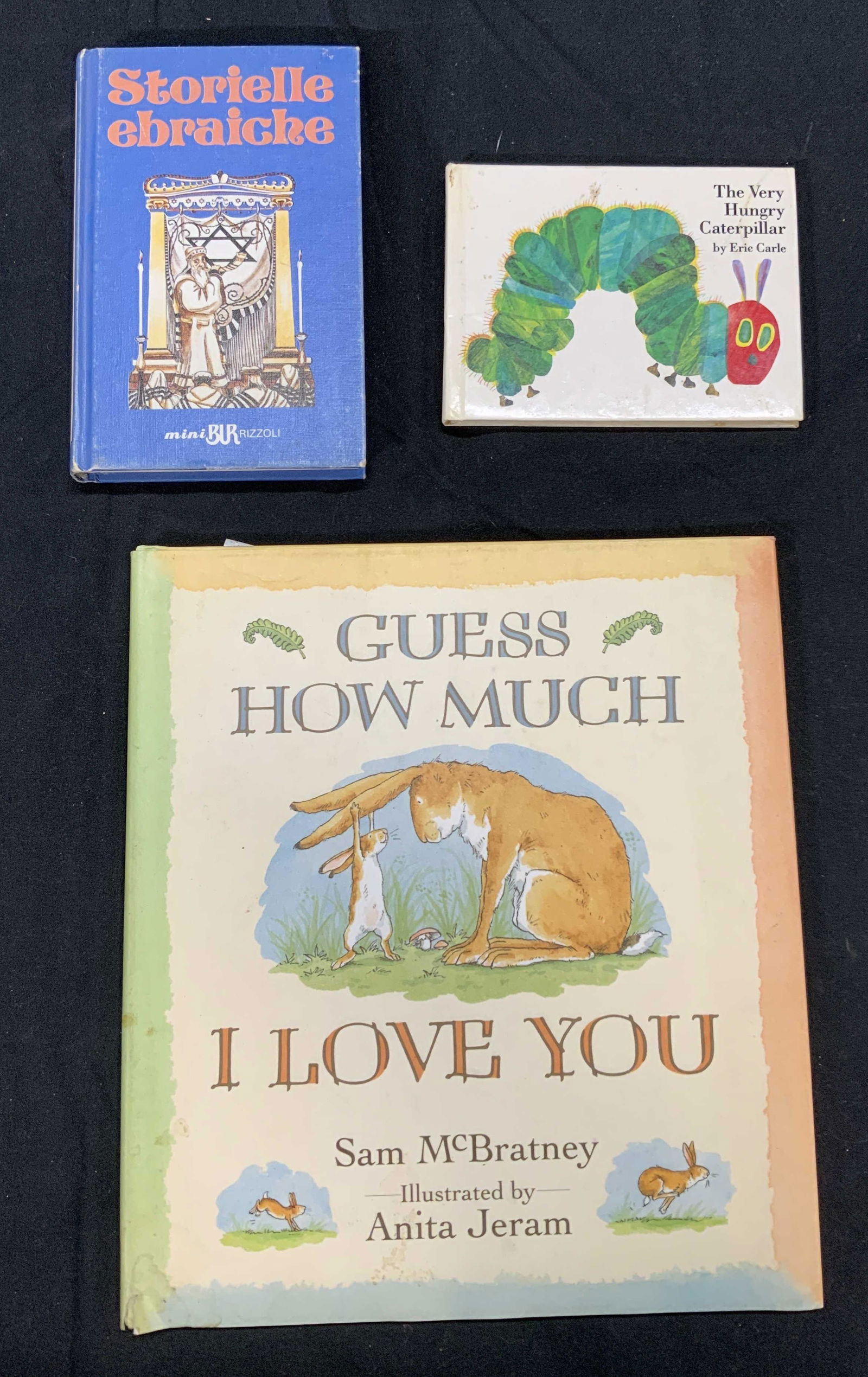 Lot 3 Vintage Childrens Books, English & Italian: Copy of Storielle Ebraiche by Ferruccio Folkel, published by Rizzoli, 1993. Copy of The Very Hungry Caterpillar by Eric Carle, published by Philomel Book, circa 1987. Copy of Guess How Much I Love You