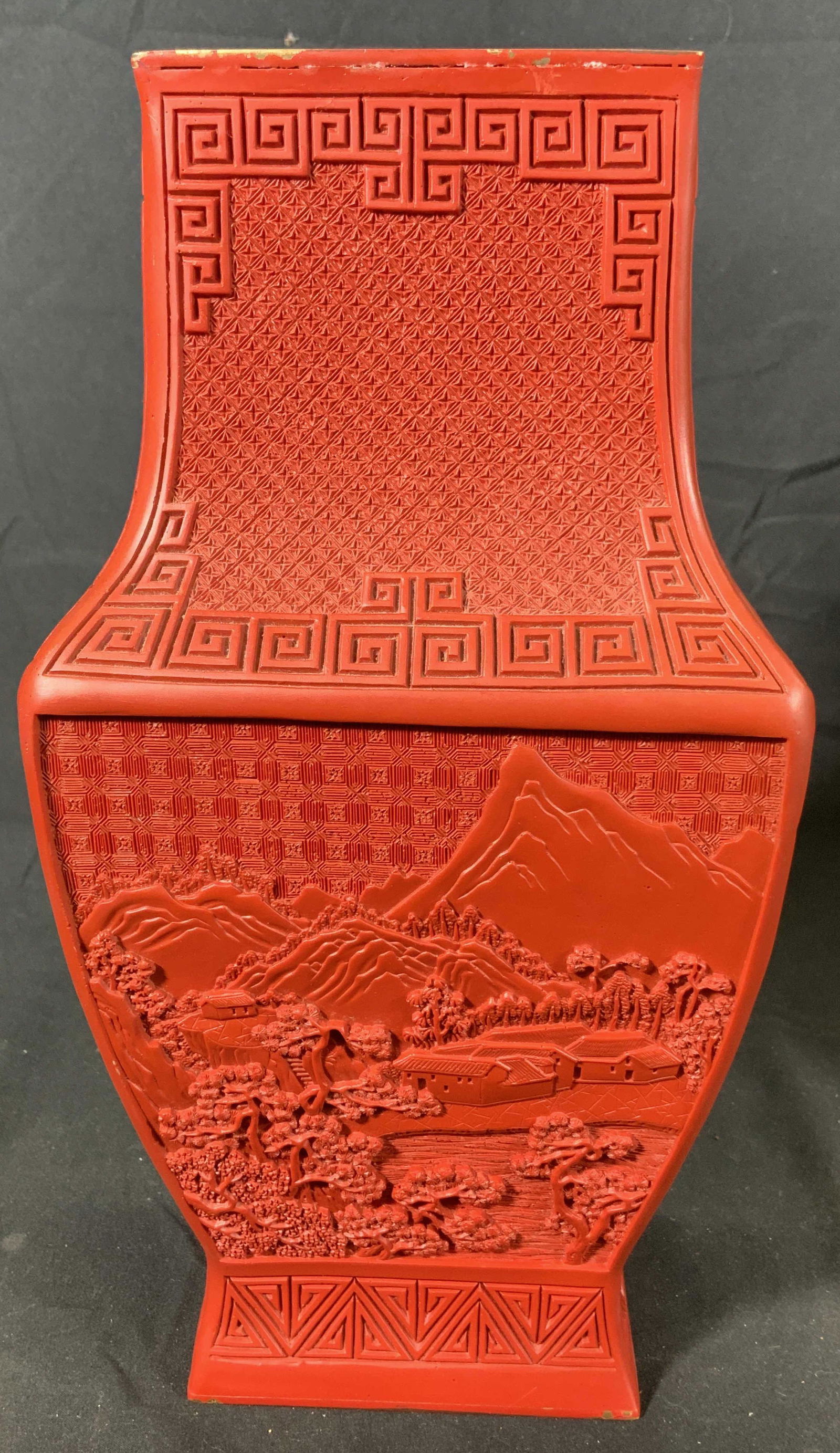 Cinnabar Style Red Landscape Motif Vase Vessel (1 of 4)