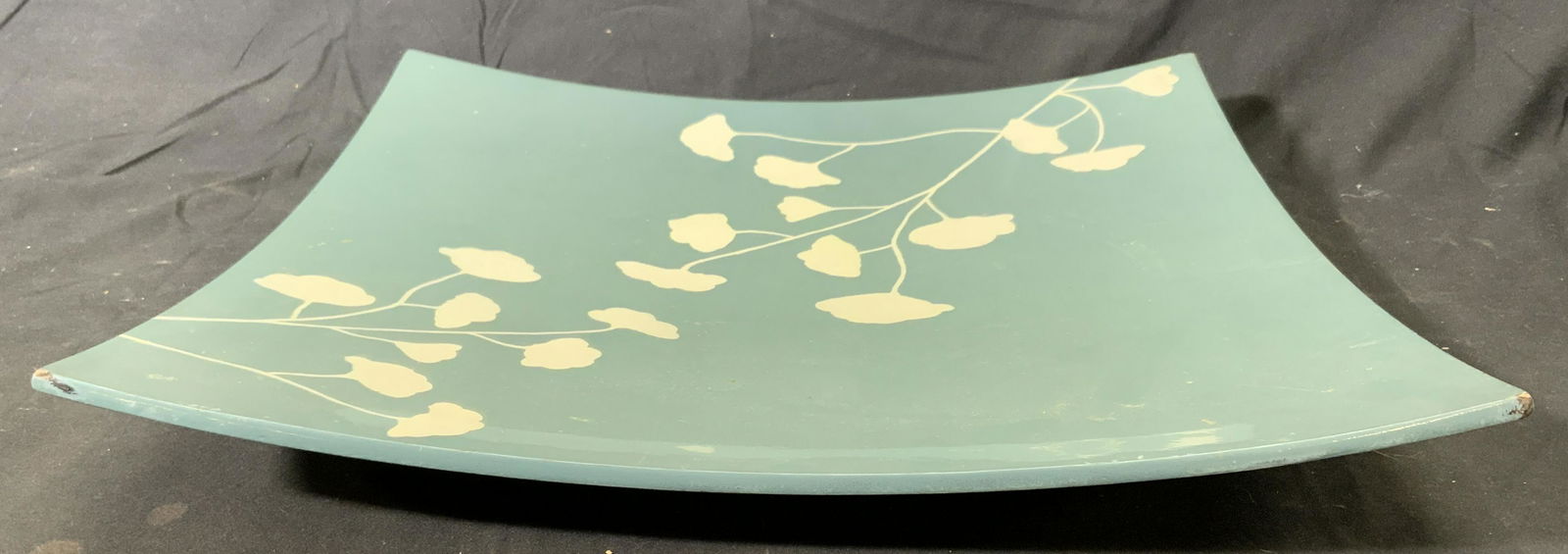 Teal Floral Lacquered Centerpiece Platter: Lacquered serving platter in teal with floral motif. Surface wear consistent with exposure. Measures approx. 15.5 x 15.75 inches. Serving platter, Serveware, tableware, table accessories, kitchen acce