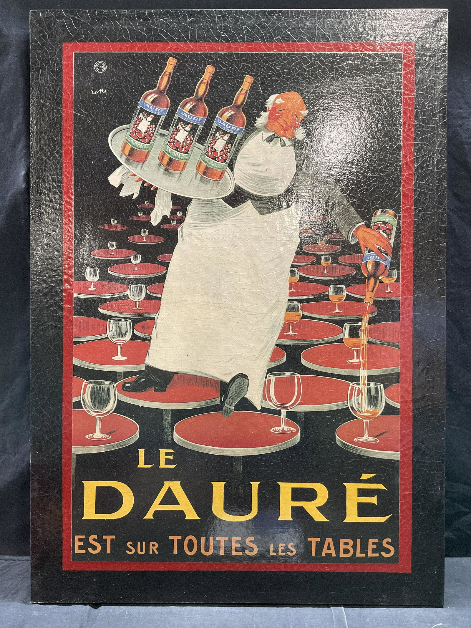 BETTO LOTTI Offset Lithograph on Canvas: BETTO LOTTI Offset Lithograph on Canvas, inscriptions read Le Daure est sur Toutes les Tables, subject a waiter pouring wine, measures 40 x 27 7/8 inches, some surface wear to piece, not framed, Bened