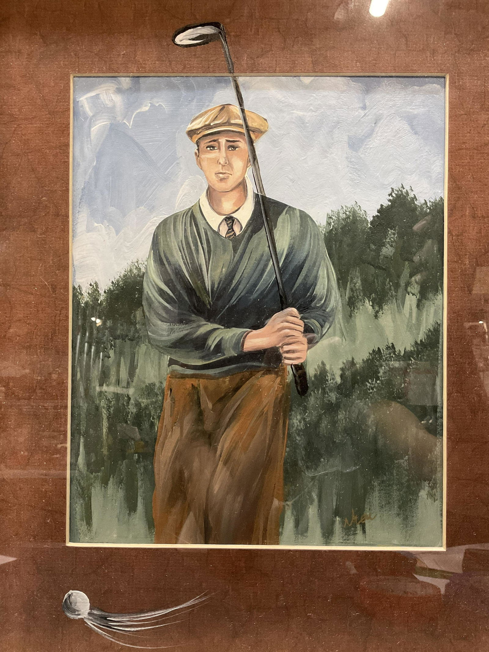 MOU Signed Acrylic Painting of a Golfer: MOU Signed Acrylic Painting of a Golfer, signature to lower right reads Mou, subject a man holding a golf club, measures 19 7/8 x 15 3/4 inches, wooden frame with gilt accent, surface wear and losses