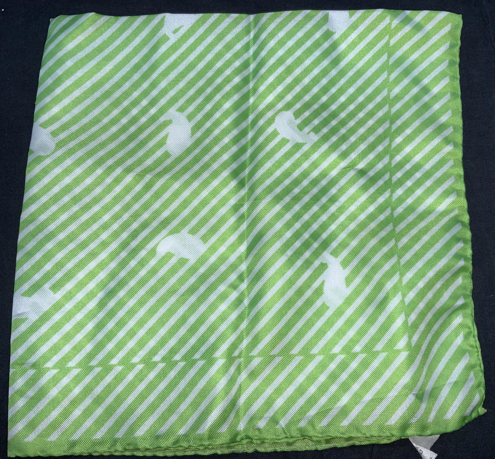 Robinson Golluber Stripe Paisley Neck Scarf, ITALY: Mutli print neck scarf in neon green with directional stripes and paisleys , polyester , garment made in Italy. Label reads Robinson / Golluber Made in Italy Machine Washable Cool Iron 100% Polyester