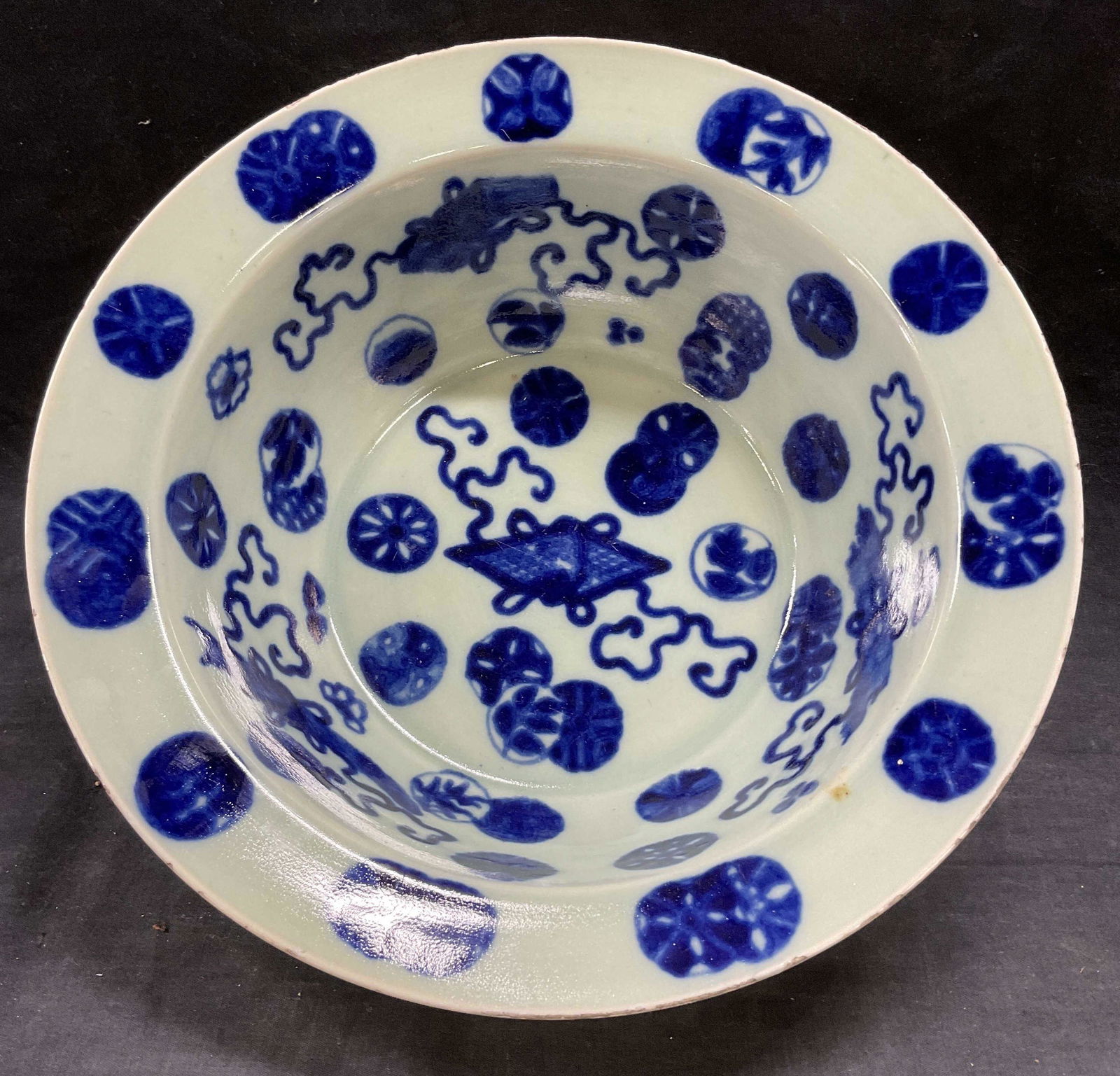 Ceramic Blue and Celadon Toned Center Piece Bowl: Ceramic Blue and Light Celadon Toned Center Piece. Measures approx 13.25 x 4.5H inches. Some wear to edge of ceramic bowl. Not signed. Significant weight to piece. Ceramic center piece bowl, Asian sty