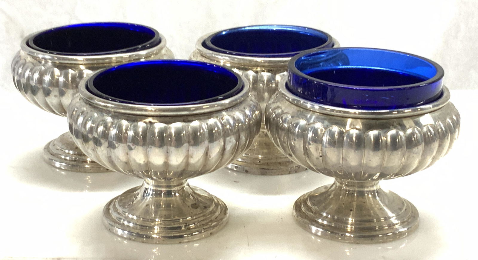 Set 4 Sterling Repousse & Cobalt Salt Cellars (1 of 6)