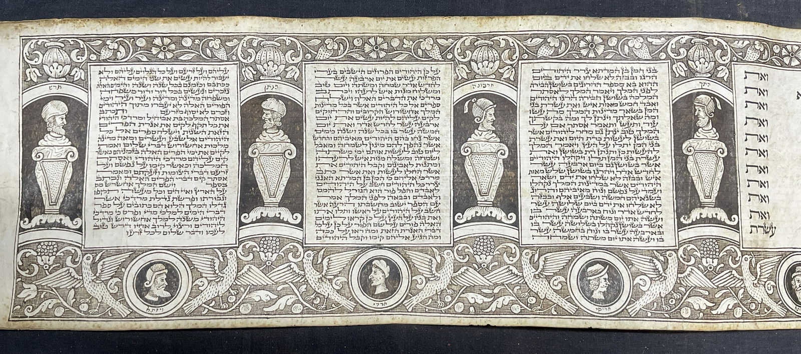 Antique Hand Written Judaic Scroll Megillah: Antique Hand Written Judaic Scroll, the Megillah ( Book of Esther). Inscriptions to piece in Hebrew, appears to be written on animal skin, includes bust portraits of various figures and a border fille
