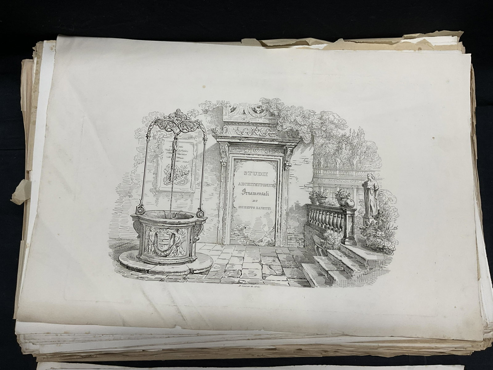 Antique GIUSEPPE ZANETTI Unbound Book: Antique GIUSEPPE ZANETTI Unbound Book, Architectural-Ornamental Studies, First Volume, only contains up to Facsimile 61, Roman numerals state that the book was originally published in 1753, contains a