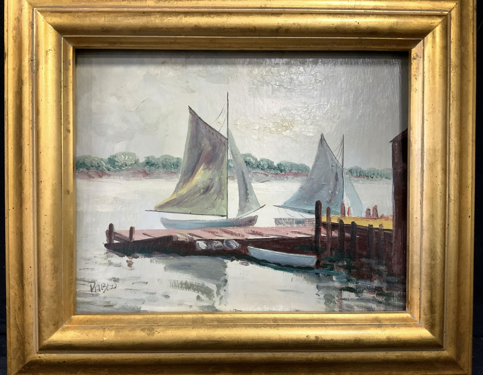 Signed PABLO Vintage Boat Dock Oil Painting (1 of 12)
