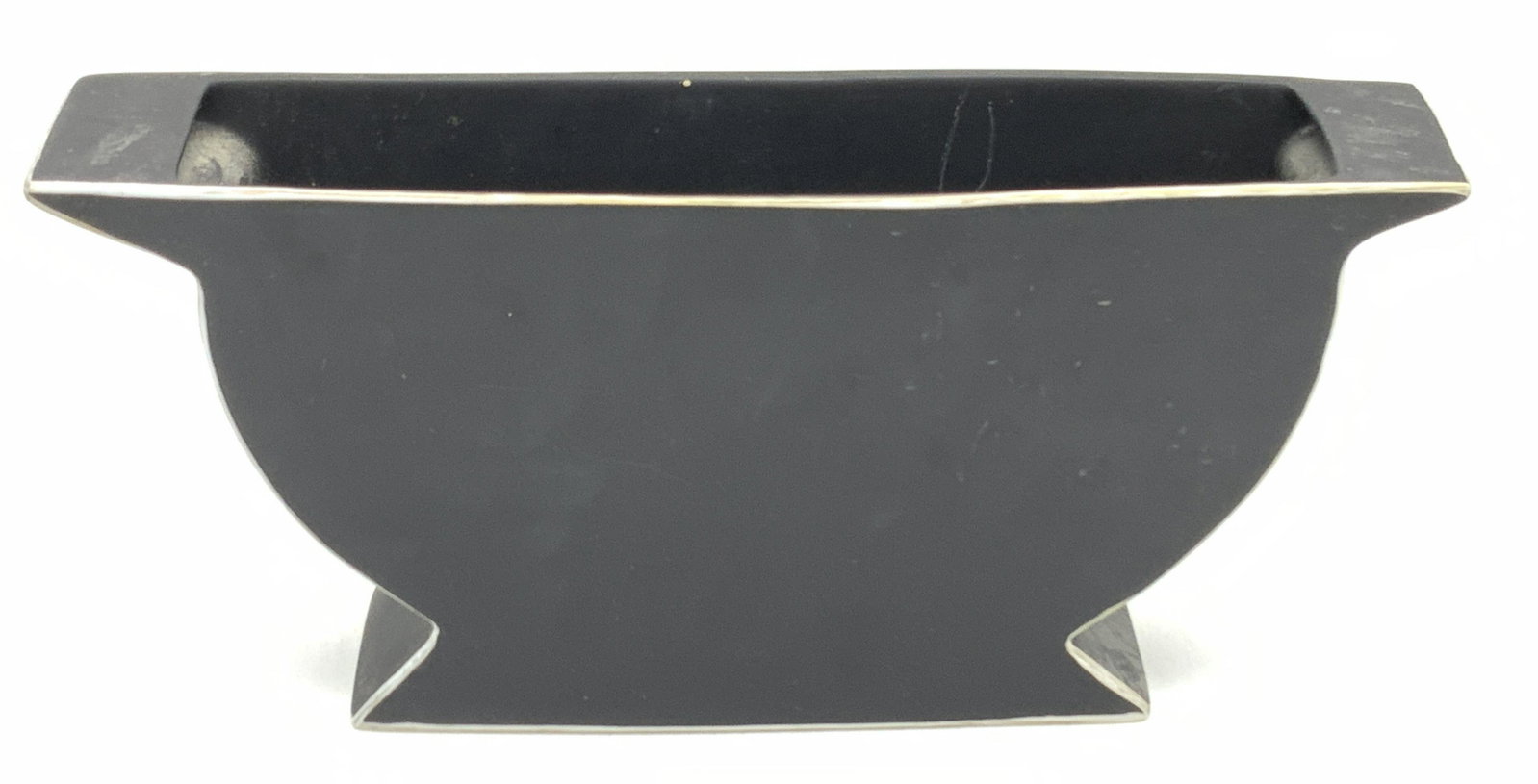 MONTGOLFIER Minimalist Stoneware Vessel, FRANCE: MONTGOLFIER Classic Inspired Minimalist Stoneware Vessel, made in France, black with white outline, verso stamped Montgolfier Daumeray France, surface wear, measures approx 5 1/2 x 11 1/2 in. MONTGOLF