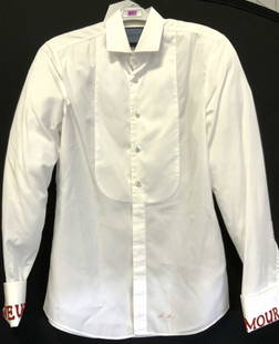 GUCCI Laveugle Paramour Wht Cotton Shirt, IT: Gucci Whire cotton button down shirt w/ pearlescent buttons, silvertone and black button cuff links , embroidered cuffs which read Laveugle and Paramour in red. Dry cleaned by Hallak couture cleaners