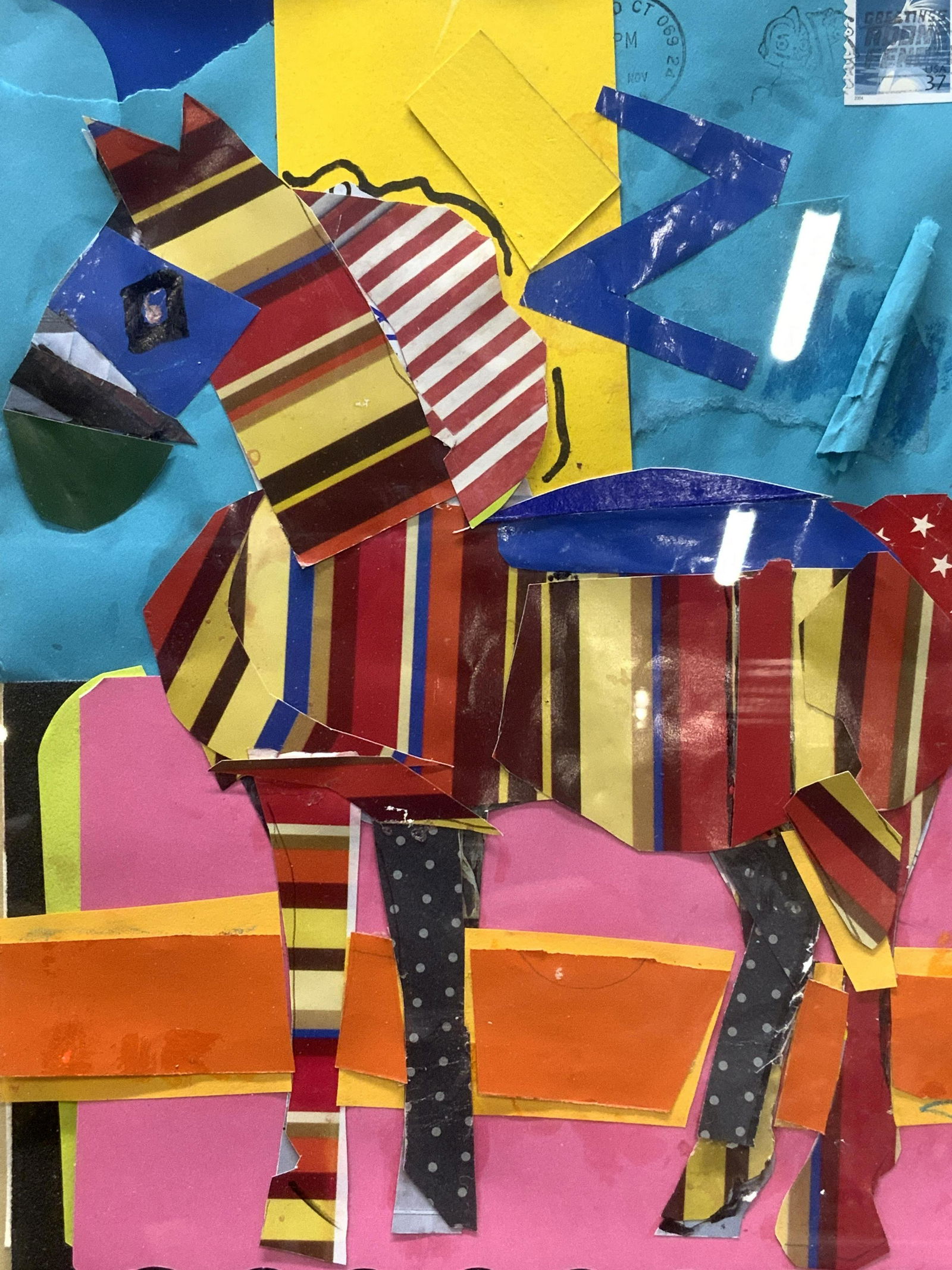 LABRIOLA Signed Horse Collage In Frame, USA: LABRIOLA Signed Horse Collage In Frame, USA, signed Labrioa in lower left, dated 2017 in lower right, verso inscribed 100% recycled materials, made in USA UV protection Glass, subject shows horse, in