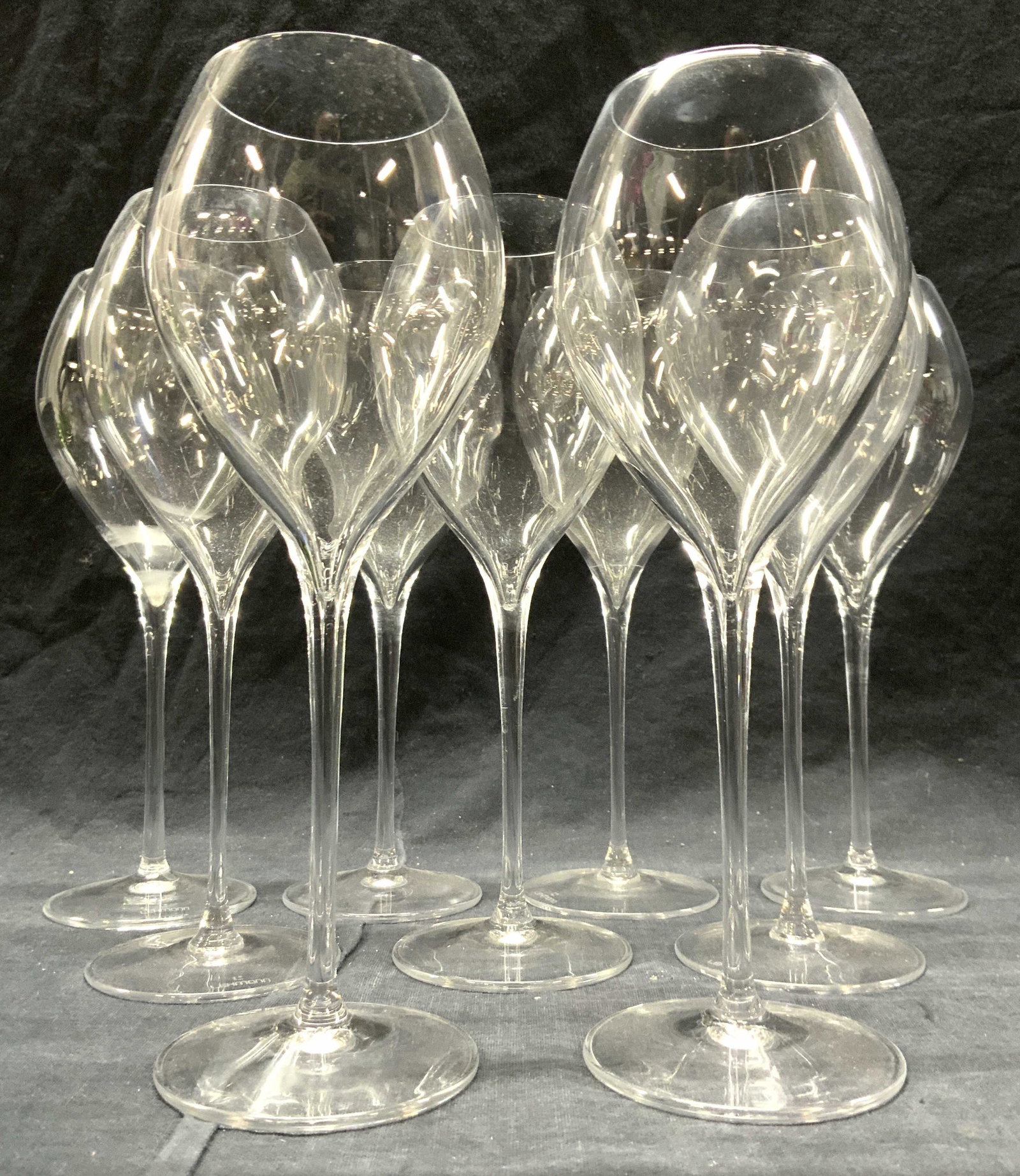 LEHMANN Set 9 Crystal Stemware: Lot includes 8 pieces of stemware. Each base is marked LEHMANN. Pieces in lot are crystal. Each piece measures approx 8.5 inches tall 3 inches wide. Stemware, crystal stemware, LEHMANN crystal, LEHMAN