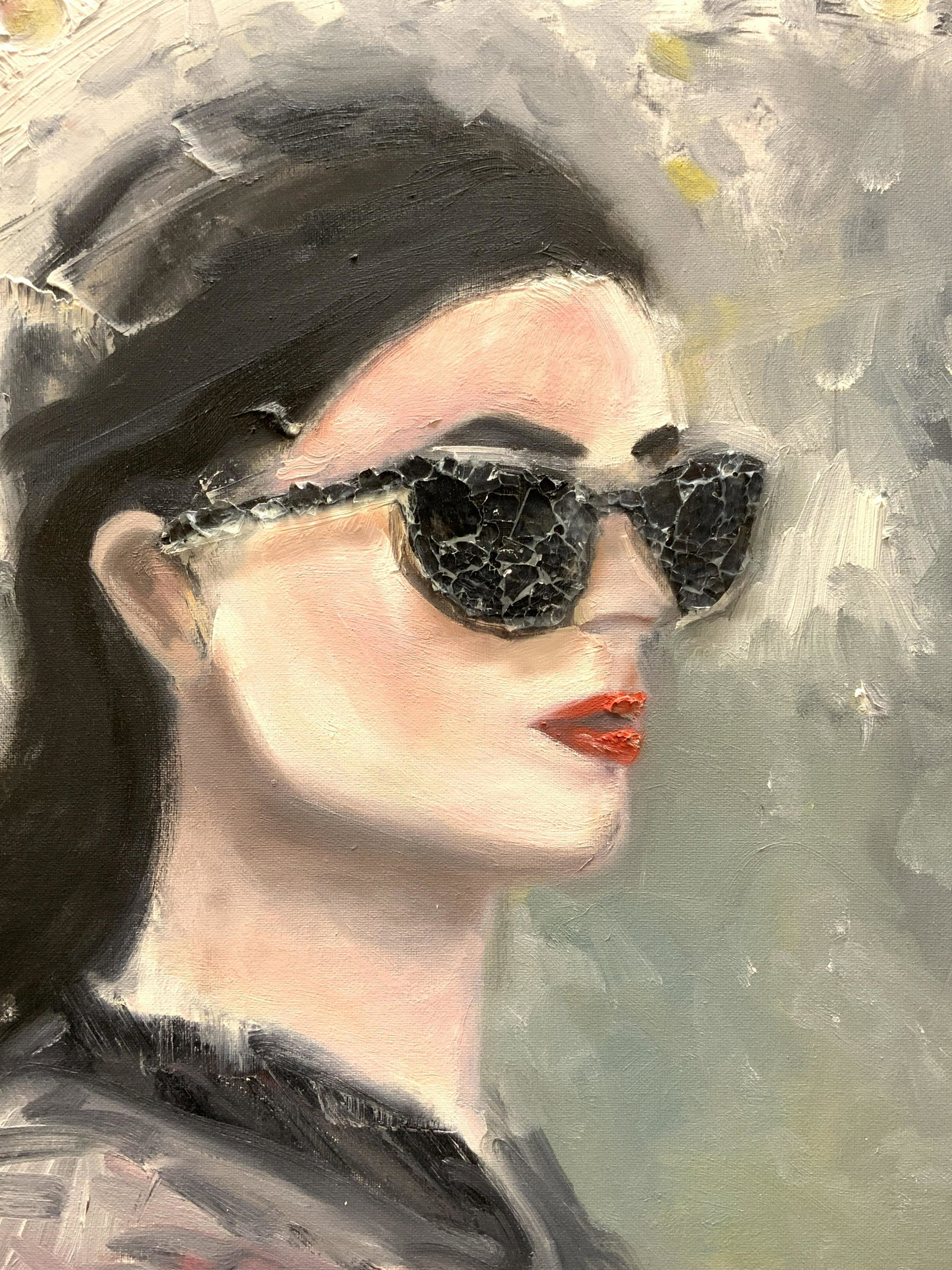 CINDY SHAOUL NYC Gal Mixed Media on Canvas: CINDY SHAOUL NYC Gal Oil & Glass On Canvas, verso inscribed Cindy Shaoul 2012 NYC Gal, subject shows portraits of a woman wearing sunglasses with crushed glass used to make the sunglasses, in frame me