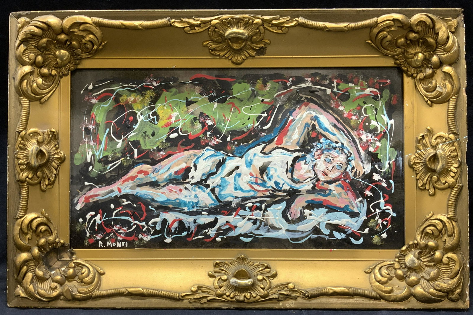R. MONTI Abstract Reclined Nude: R. MONTI Abstract Reclined Nude, acrylic on board, signed R. MONTI in lower left, subject shows a woman reclined with her arm over her head with abstract splatters of paint, in frame measures approx 1
