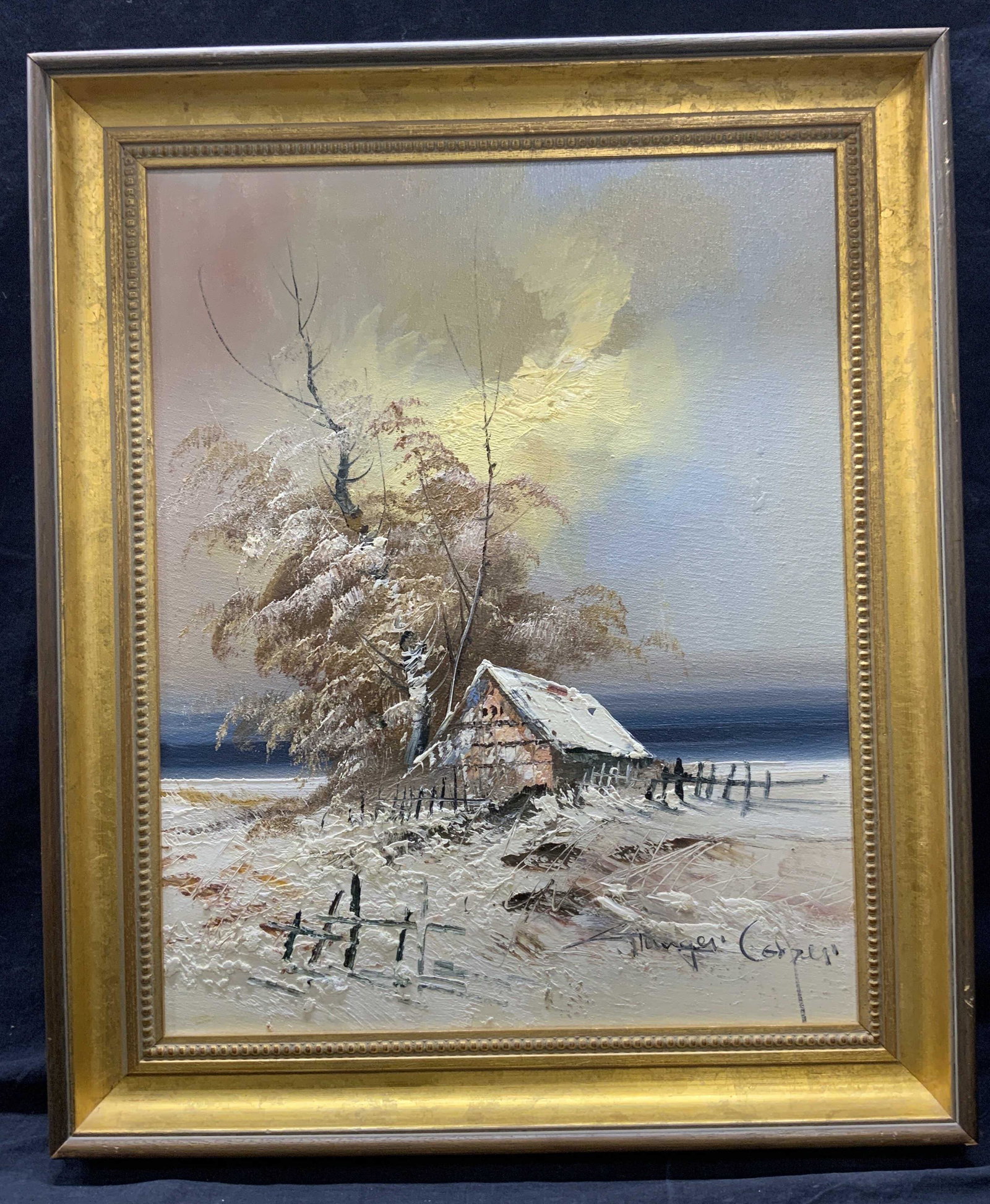 COOPER Winter Village Oil Painting: COOPER Winter Village Oil Painting, lower right signed Cooper, verso inscribed Cooper Winter Village subject shows sublime winter landscape with lone cabin, in frame measures approx 23 3/4 x 19 3/4 in