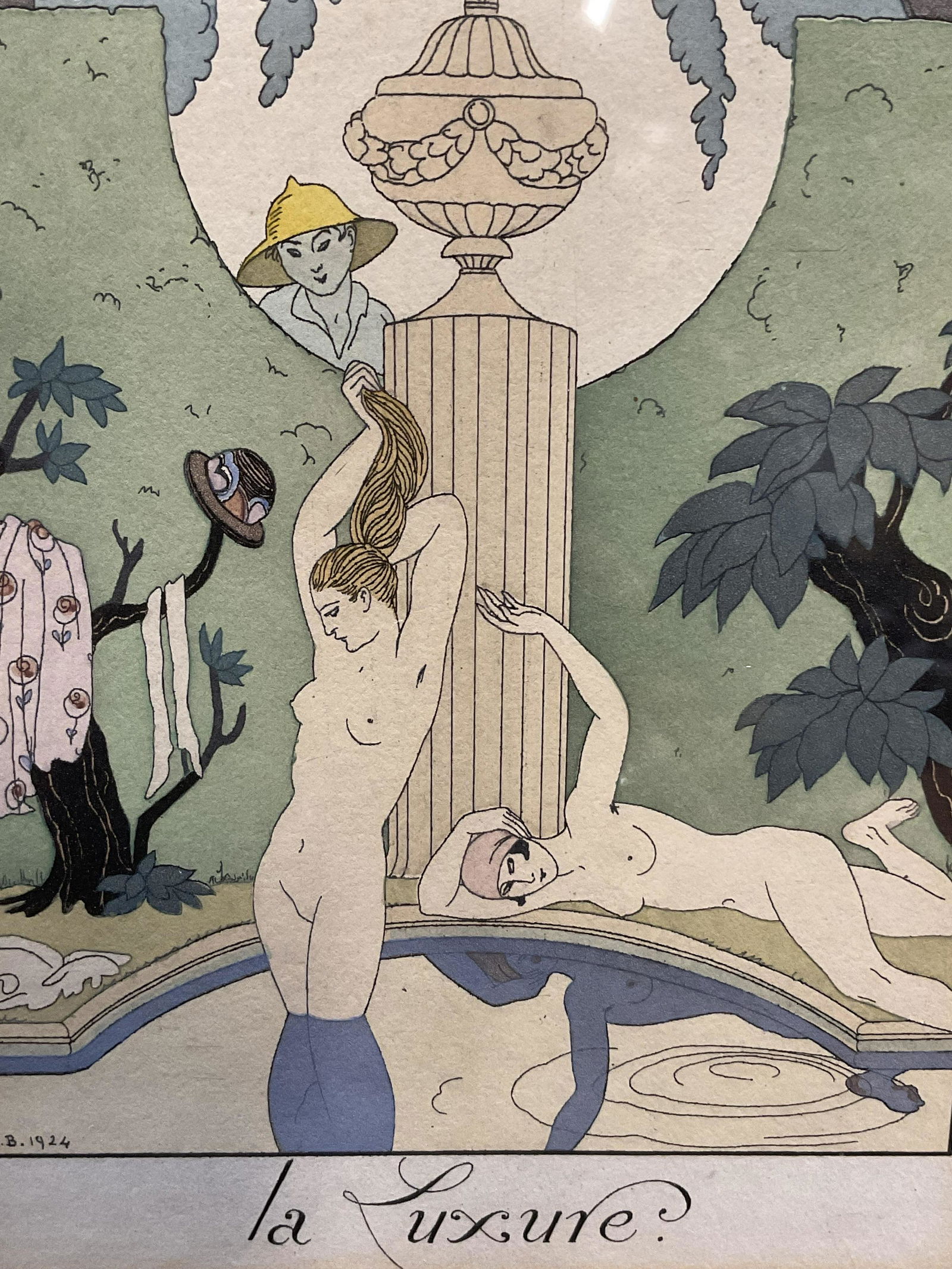 Le Luxure Colored Plate, George Barbier: Le Luxure is a beautiful color-illustrated plate created in 1924 by famous art deco George Barbier from Falbalas et Fanfreluches. Window measures approx 7 x 4.5 inches, whole measures 12.5 x 9.25 inch