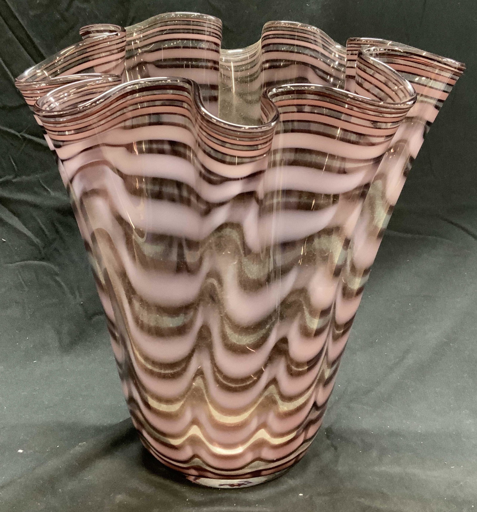 MURANO Style Handkerchief Glass Vase: MURANO style handkerchief glass vessel with purple banded body. Measures approx. 11 inches diameter and 11.75 inches tall. Some surface wear consistent with exposure. MURANO style, art glass, studio g