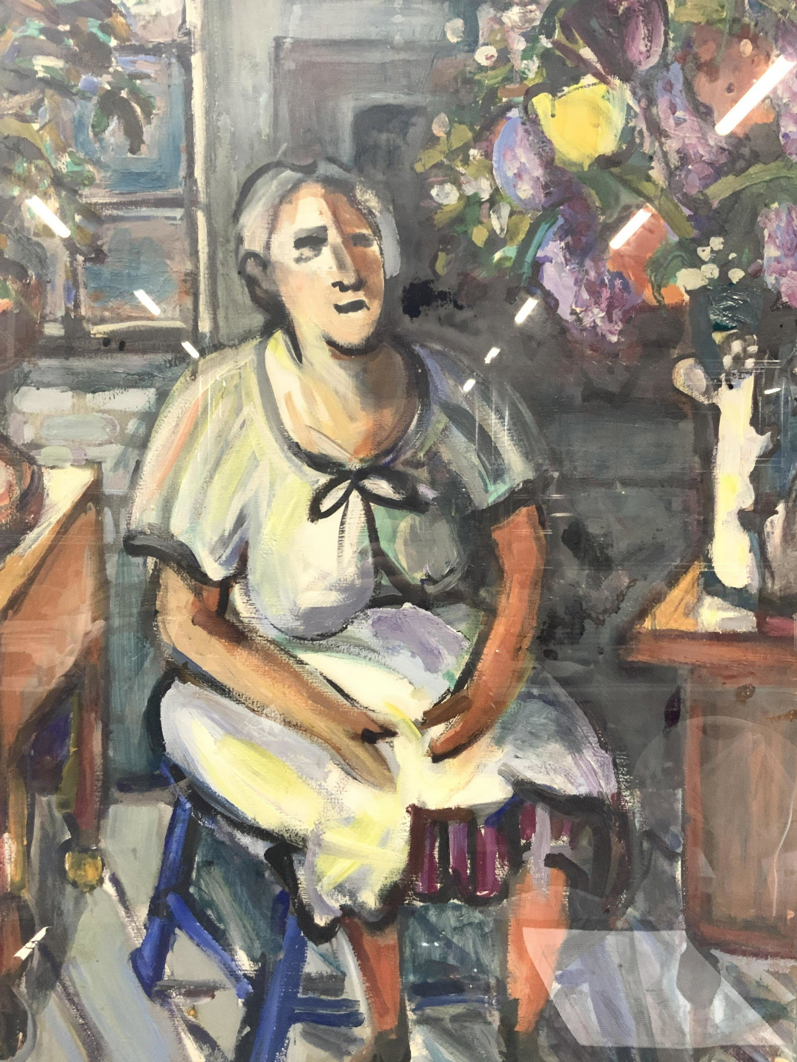 SIGNED Sandy Fabriola Beltran Portrait On Paper: Signed on lower right corner in graphite, Sandy Fabriola Beltran, Grace 93. Subject depicts an elderly woman sitting amongst a room filled with flowers in an impressionist style. Professionally framed
