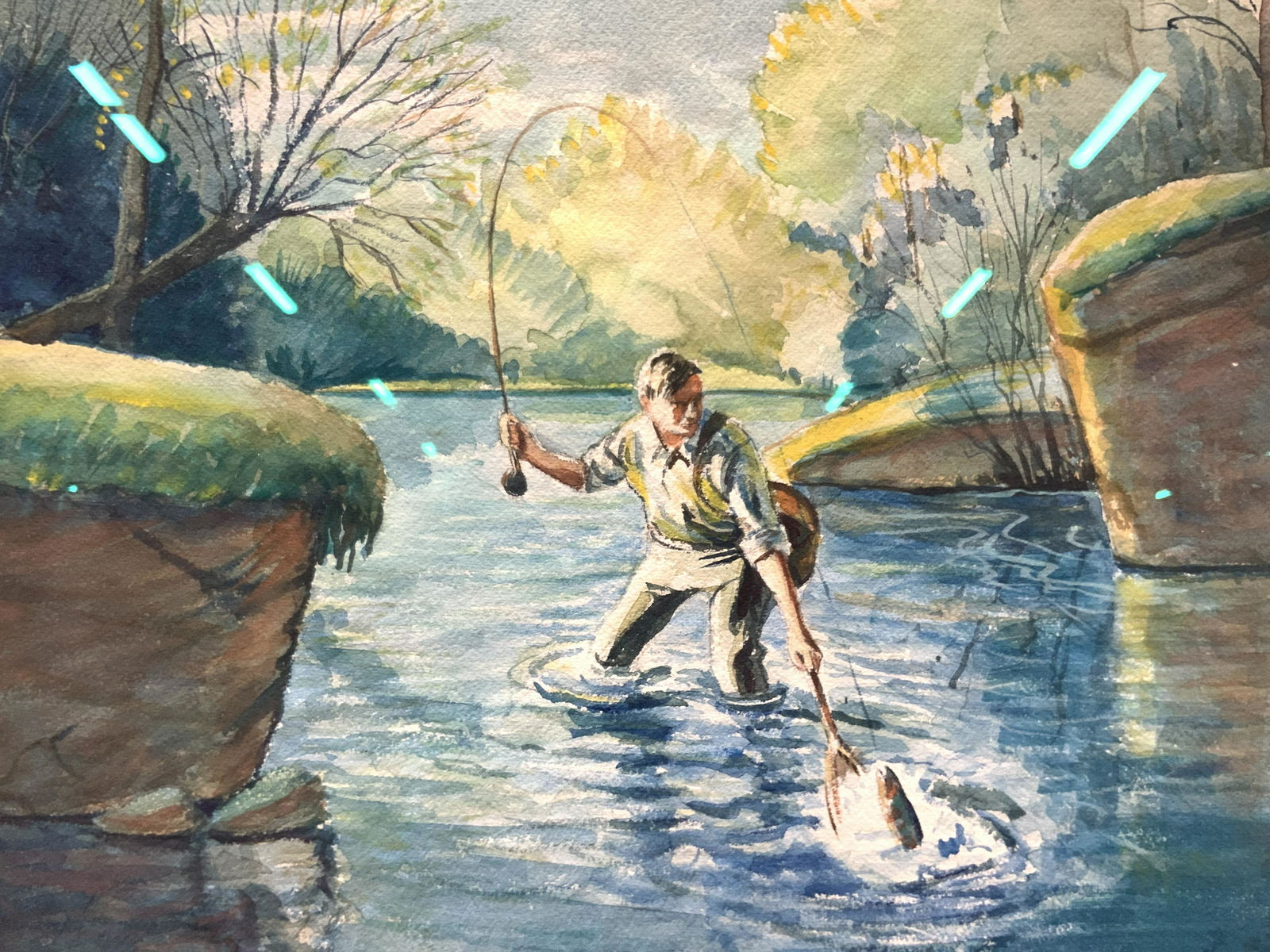 Vintage Watercolor Fishing Painting On Paper (1 of 11)