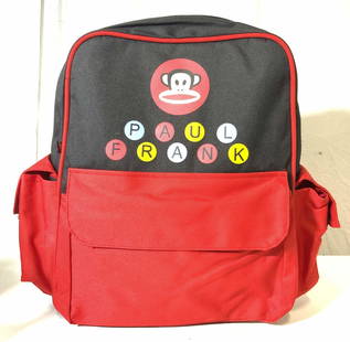 PAUL FRANK Julius Value Backpack NWT: Backpack reads PAUL FRANK with letters in dots with depiction of Julius the Monkey. Backpack main zipper pocket, 2 smaller Velcro pockets & 1 large Velcro pocket. Piece is black with red toned