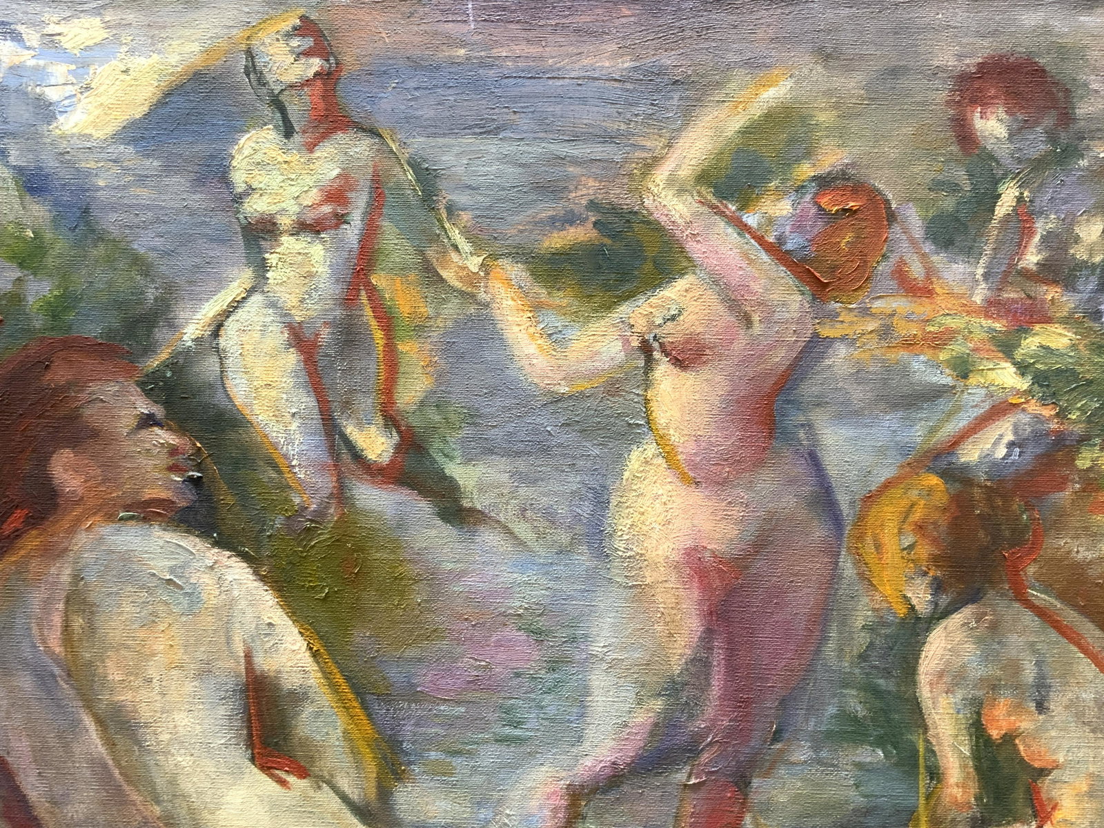 Fauve Impressionist Nude Figure Painting: Fauve Impressionist Nude Figure Painting, oil on canvas, no apparent inscriptions, subject shows five female nude figures in abstract background, no frame, surface wear, measures approx 24 x 28 in. Fa