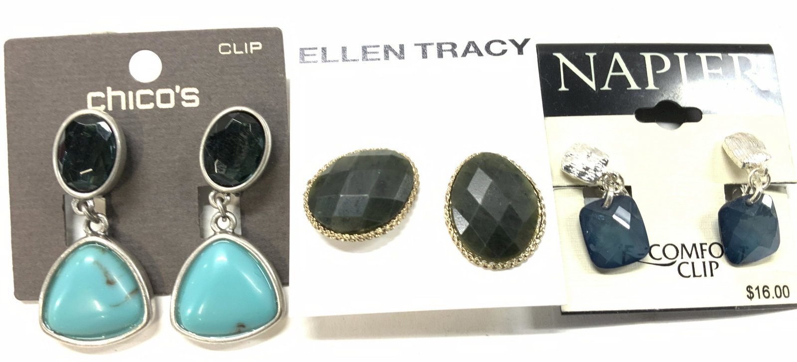 3 Pair Designer Fashion Earrings, Napier, more NIP: All new old stock clip on earrings. Black and gold Ellen Tracy button clip on earrings 7/8 in. Napier candle earrings with faceted blue stone, 1 in.chcicos Turquoise style and blue faceted crystal ear