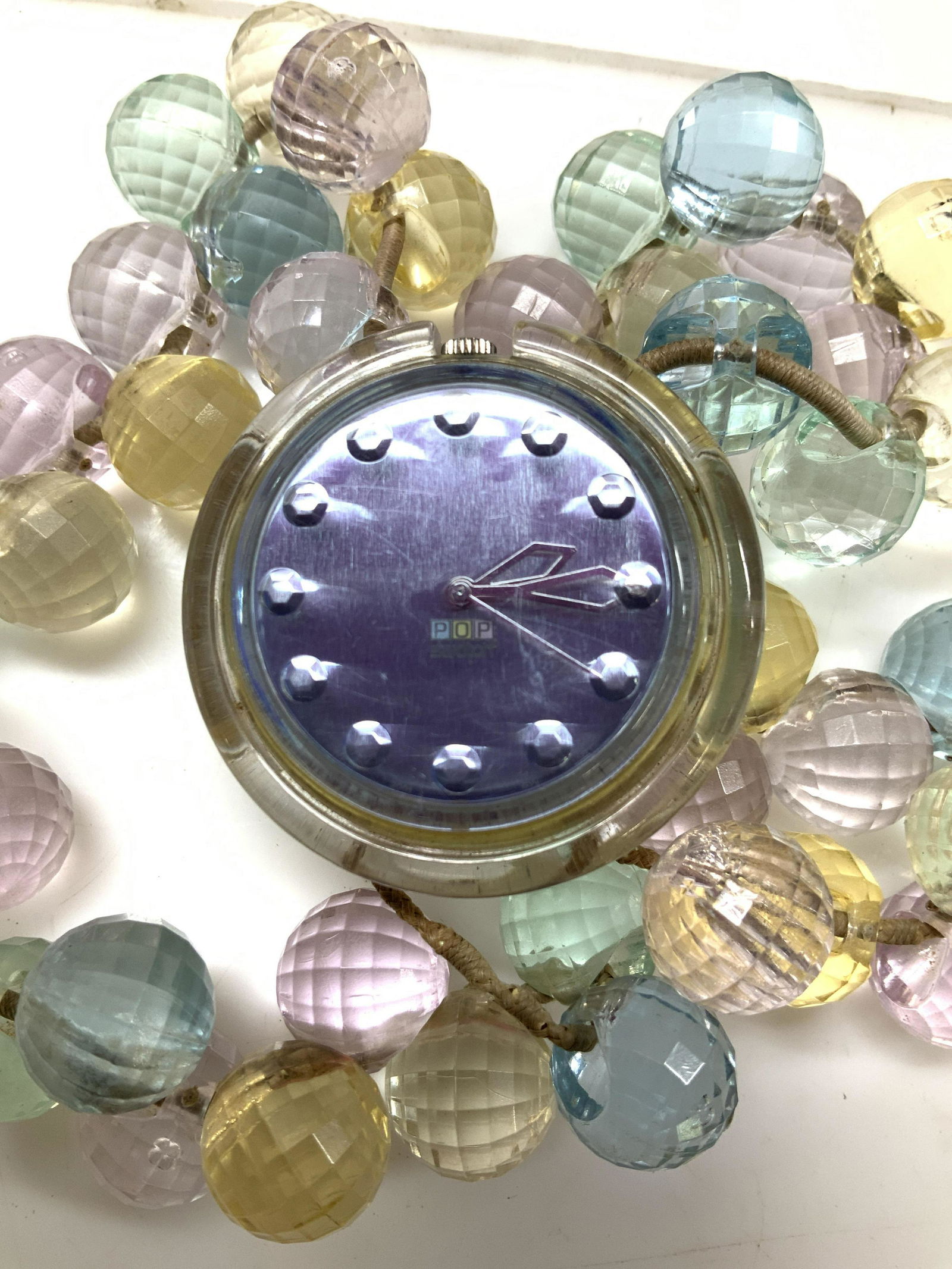 Pop Swatch Watch Beaded Bracelet, Vtg: An original vintage POP SWATCH WATCH , Un tested. Quartz precision, water resistant. Signed on watch face. Multiple faceted beaded in pastel colors of pink, blue, Seafoam and yellow. Cord is stretched