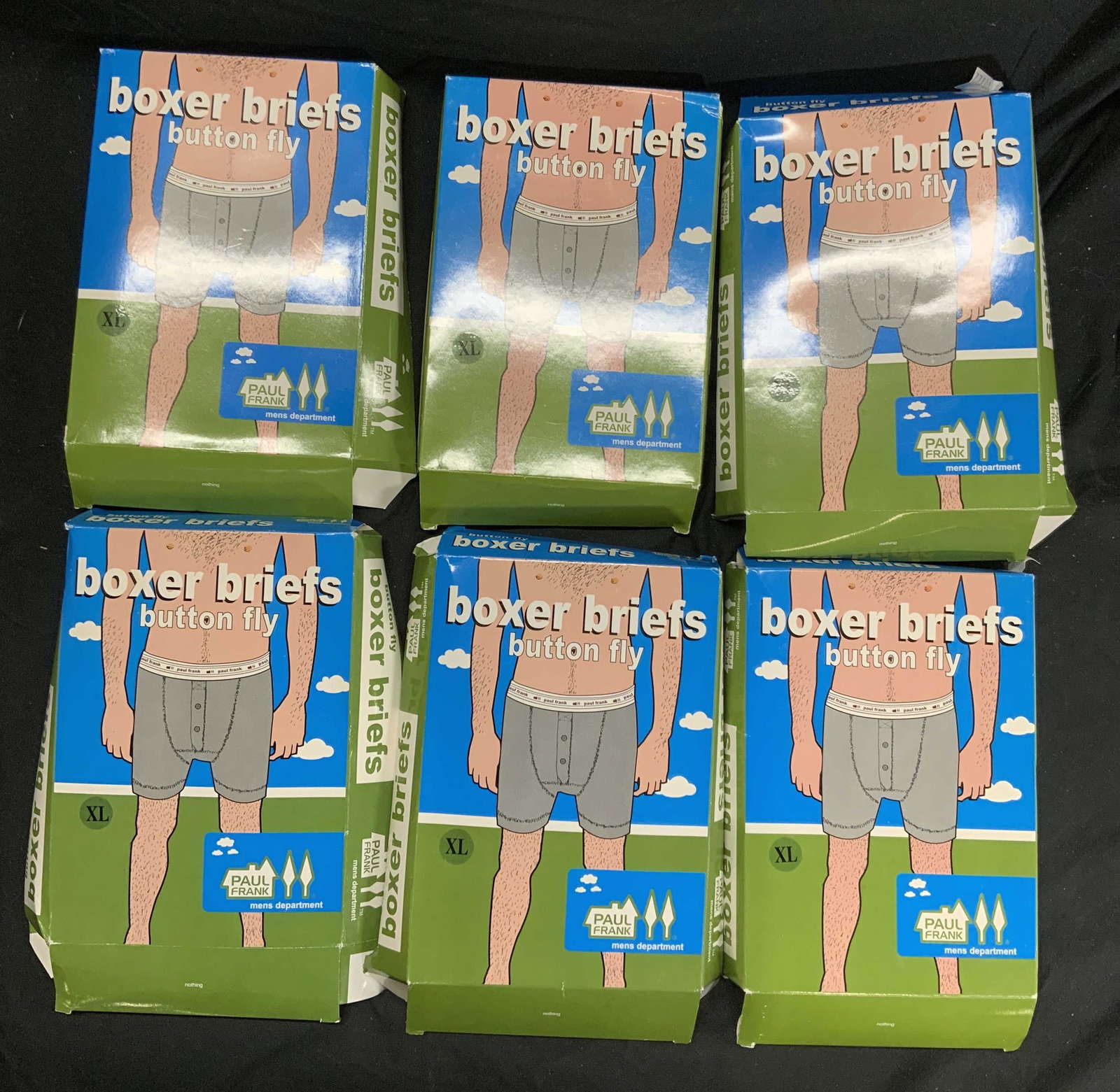 6 PAUL FRANK Button Fly Boxer Briefs NIP XL: Group lot of 6 Boxer Briefs, Size Extra Large in gray and black. Boxes read Boxer Briefs Button Fly, Paul Frank Mens Department. 100% Cotton. Boxes are slightly worn. Paul Frank is about returning to 