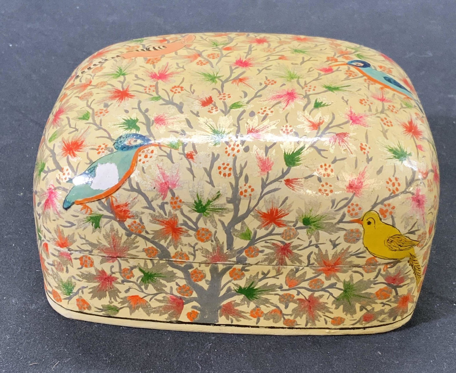 Vintage ALI BROTHERS Handmade Wood Box India: Vintage handmade Ali Brothers lidded wooden box with bird decoration in hues of gold, blue, and pink. Painted wood. Measures approx, 4.5 x 3.75 x 2 inches. In good condition, some wear to surface cons