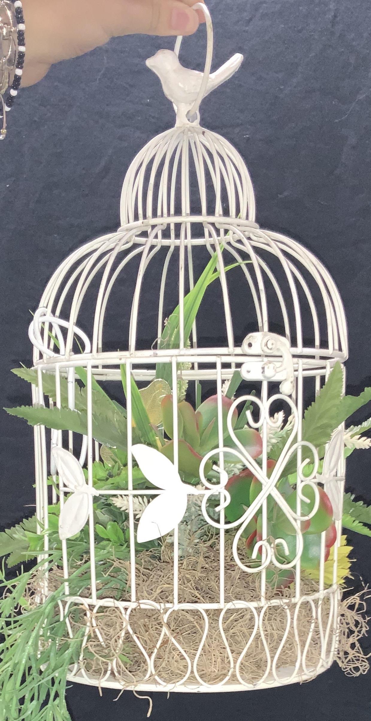 Vintage White Metal Cage W Faux Plants (1 of 8)