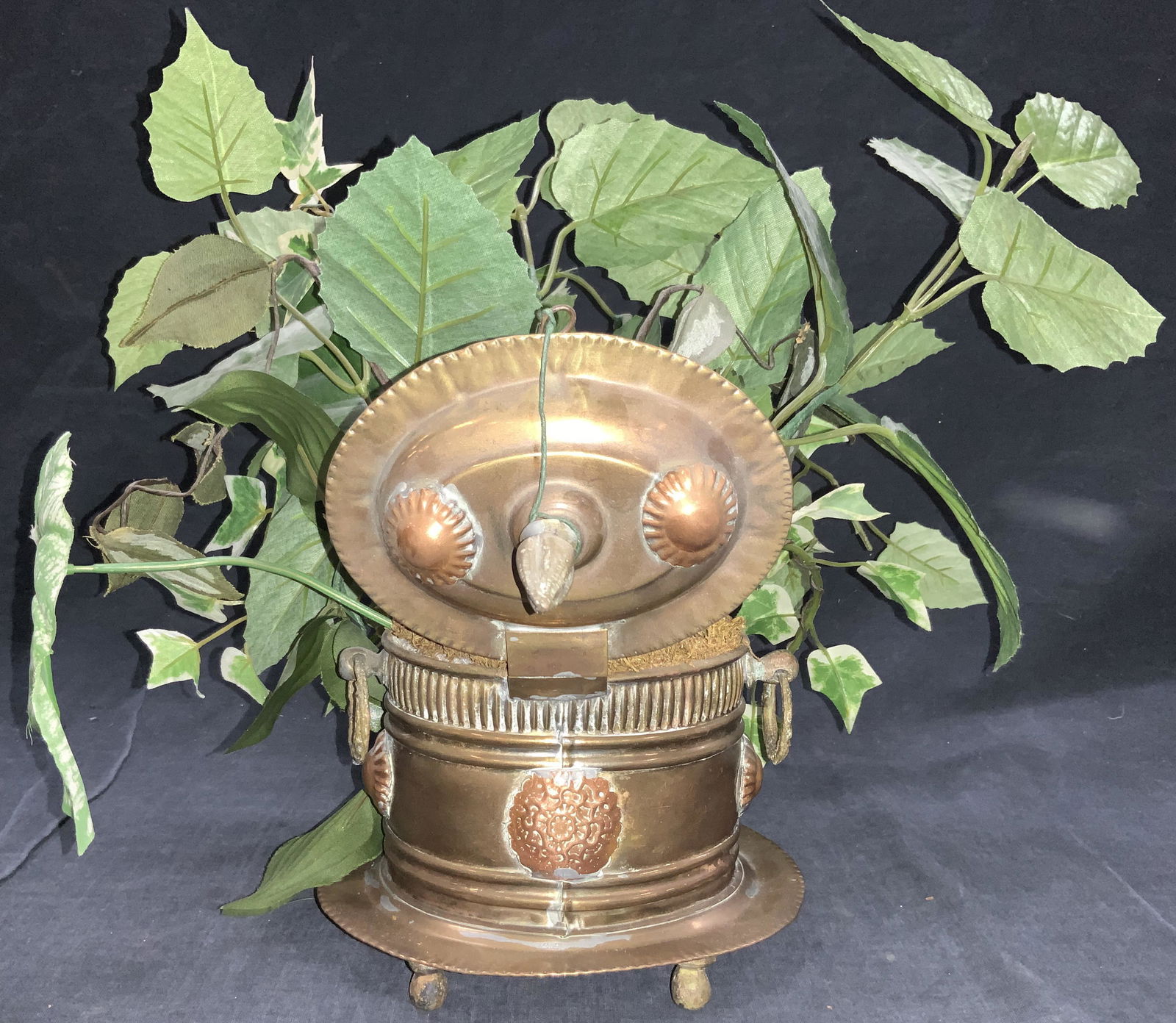 COROCCO Brass & Copper Lidded Vessel W Faux Plant (1 of 10)