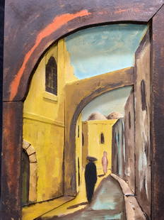 HARRY ROSENTHAL Relieved Jerusalem On Wood: HARRY ROSENTHAL Vintage Relieved Jerusalem Cityscape Oil Painting On Wood, verso inscribed Jerusalem original oil painting by Harry Rosenthal Israel 1973, subject shows figures walking in alley, no fr