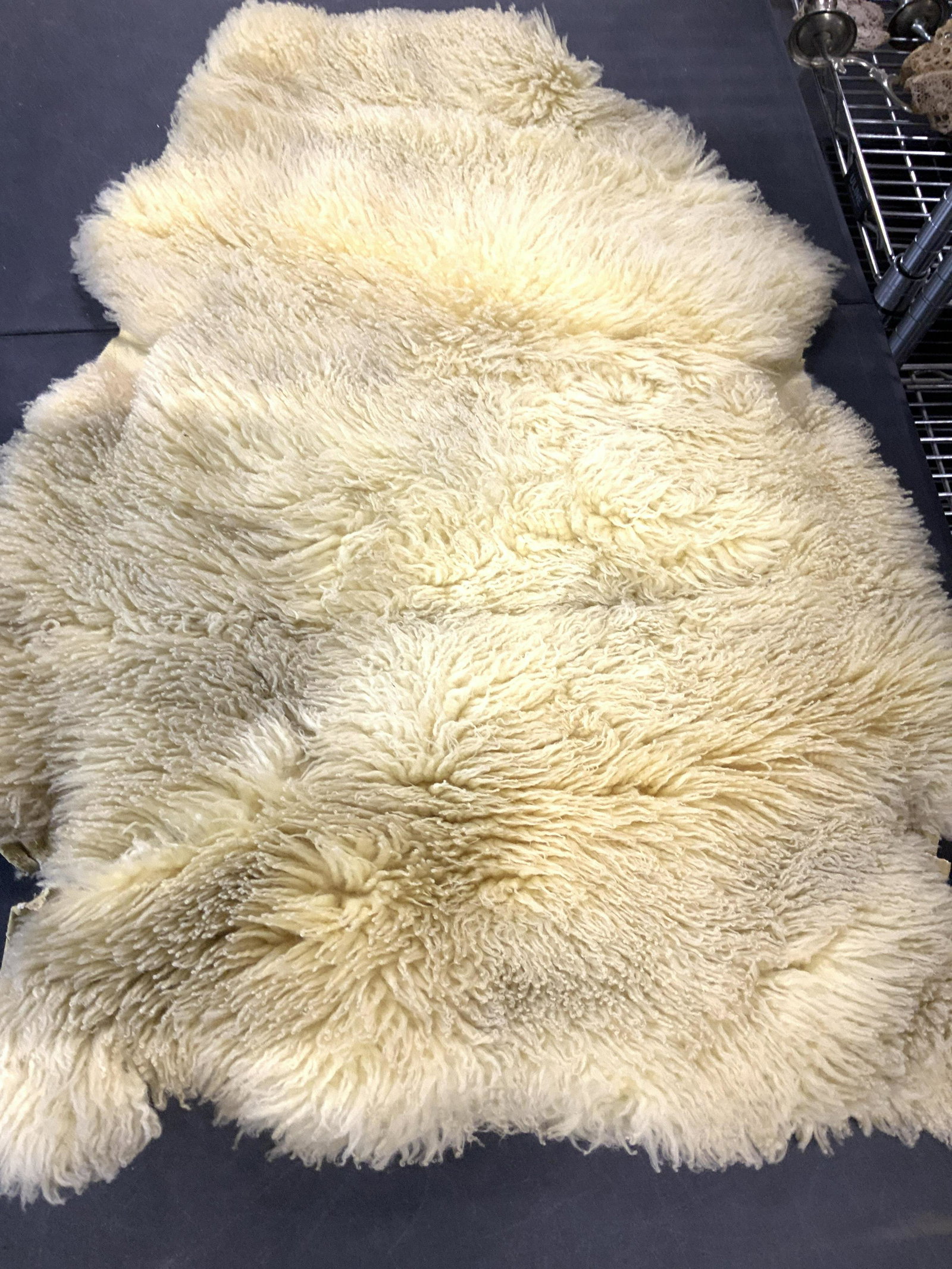 Vtg LAMBSKIN Pelt Rug , Australia: LAMBSKIN pelt ruf, signed on backside rug with stamp of Australia with sheep in center and stamped Lamb. Yellow toned. Measures app 33 x 23 in. Wool pile length is 1-1.25 in. Needs cleaning. Underside