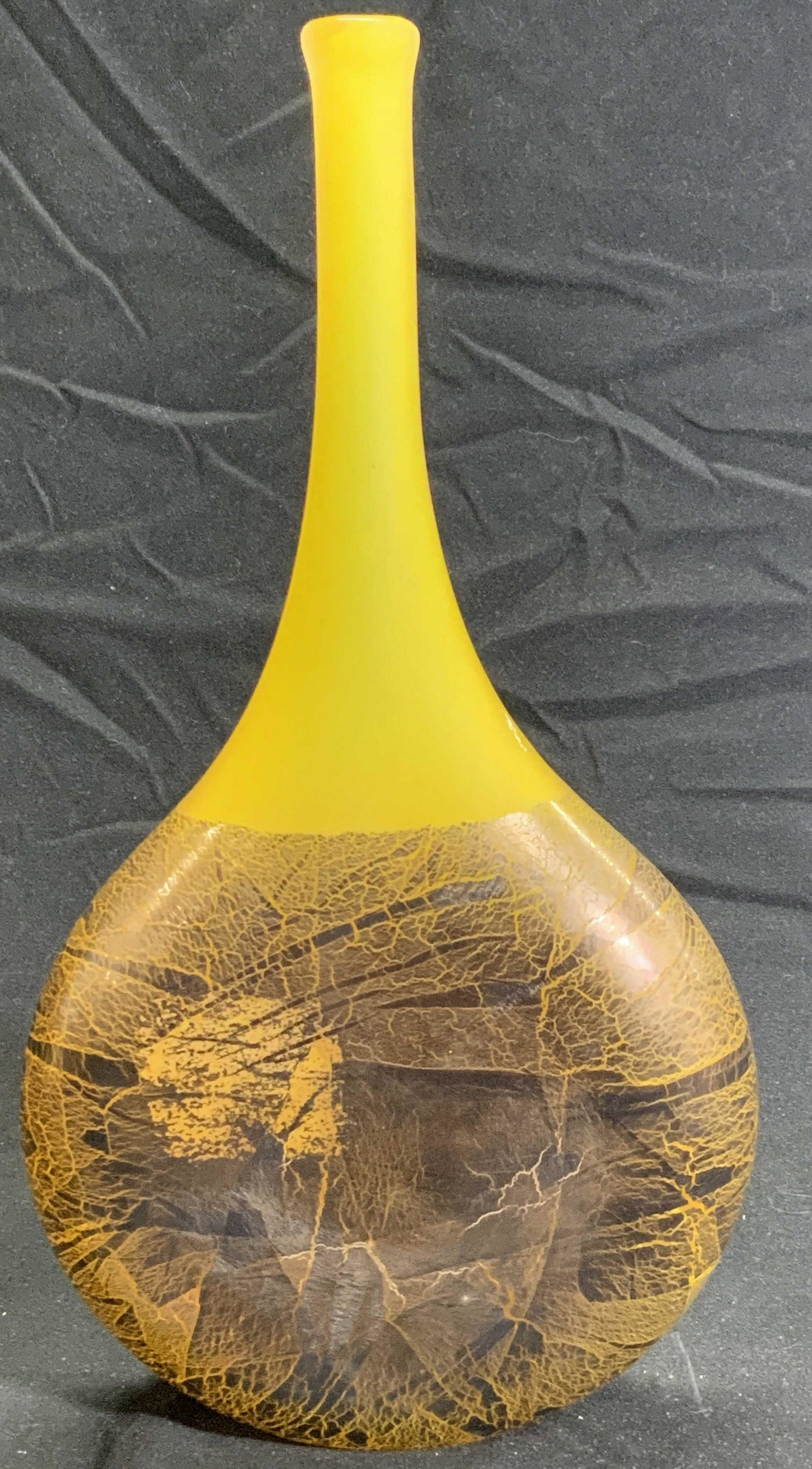 Opaline Mid Century Glass Vessel: Saffron tones opaline glass vessel/ bud vase with crackle accents applied over glass. Measures 11 x 6 in. 3 Art glass, decorative arts, Yellow Opaline Vessel, Decorative Art Glass, Tabletop decor and