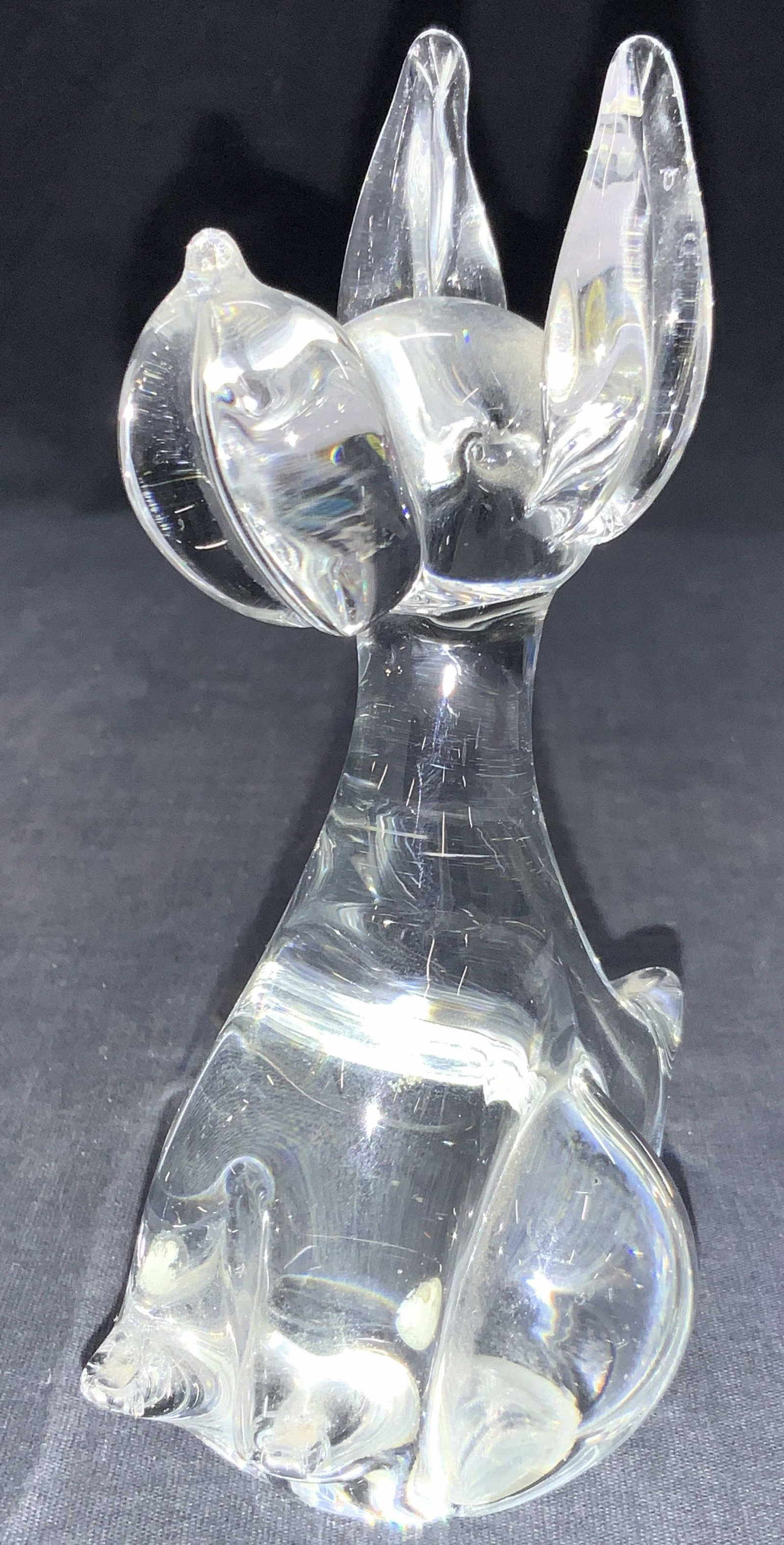 Vintage Clear Crystal Dog Sculpture, Sweden: Vintage crystal Figural of a dog with pointed ears and snub tail. Marked with sticker that reads Made in Sweden. Approximately 5.5 inches tall. Crystal dog sculpture, dog sculpture, dog decor, animal 