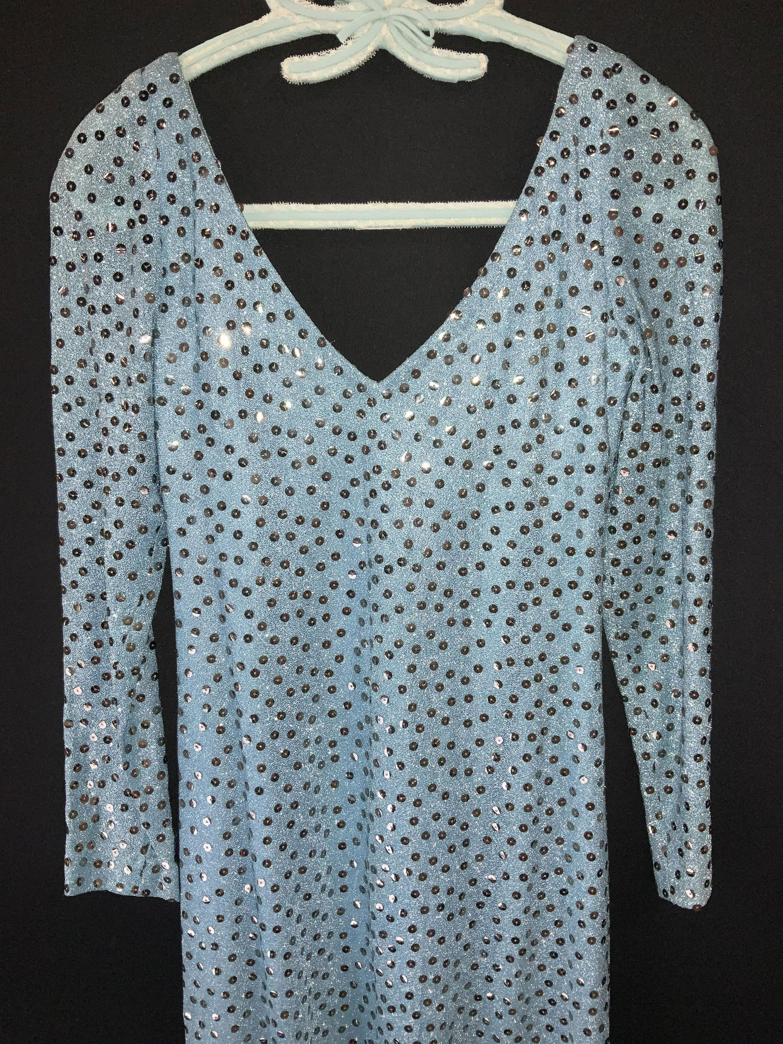 Mid Century Sequin Cocktail Dress: Long blue polyester dress with silver sequins, lower skirt flares like a waltz dress. Vintage size 8, V neck and back, designer label cut out. Length 54 in. 3 Vintage ballroom dress, Vintage cocktail