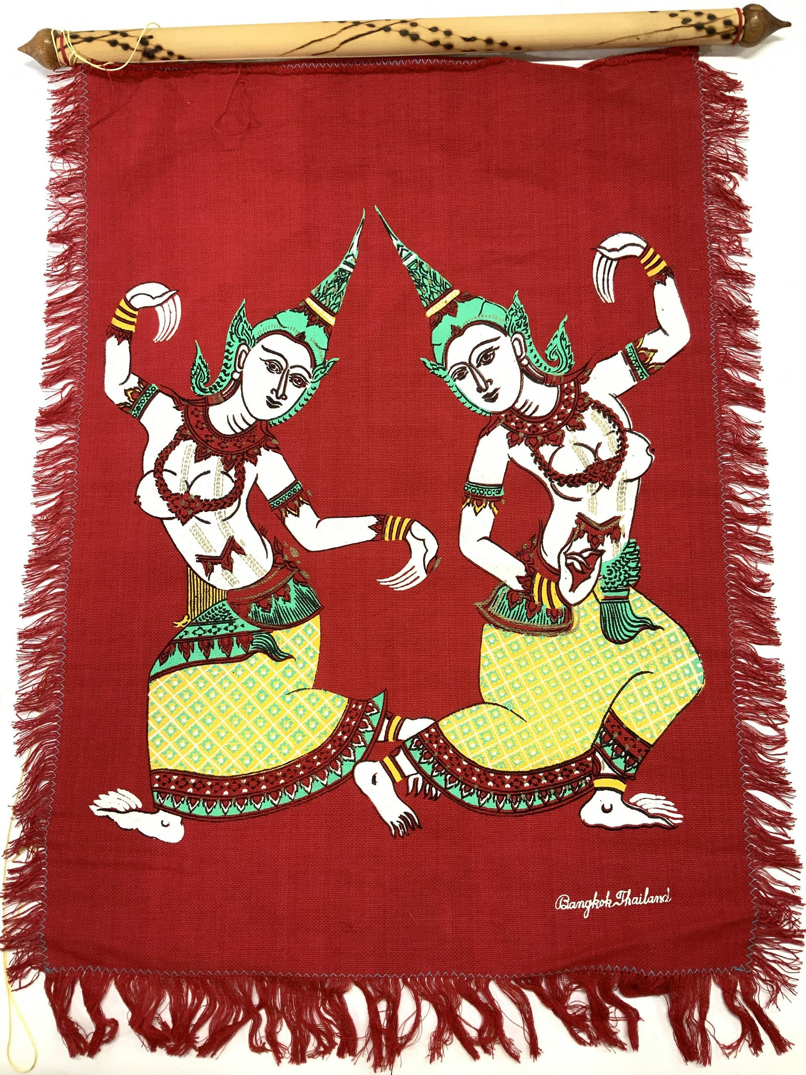 Dancing Bodhisattva Wall Tapestry, Thailand: Hand Painted Bodhisattva dancers on woven cloth, hangs from a bamboo rod, needs to be reattached. Rolls up around bamboo , entire piece measures 24 x 18 in. Unknown fabric 3 Asian Goddess, Güa Yin, E