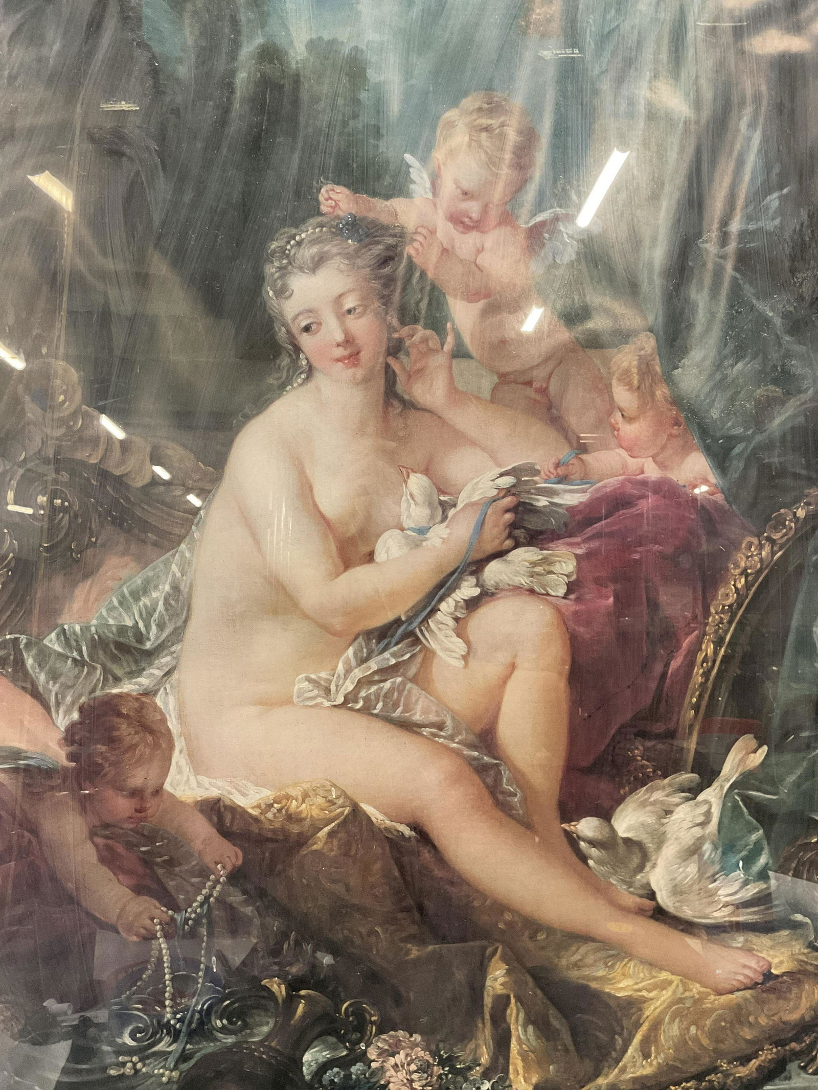 FRANCOIS BOUCHER Toilette of Venus Offset Litho: FRANCOIS BOUCHER Toilette of Venus Offset Litho, inscriptions to lower right F Boucher, subject a nude woman surrounded by putti, measures 32 1/4 x 24 inches, part of protective covering is missing, n